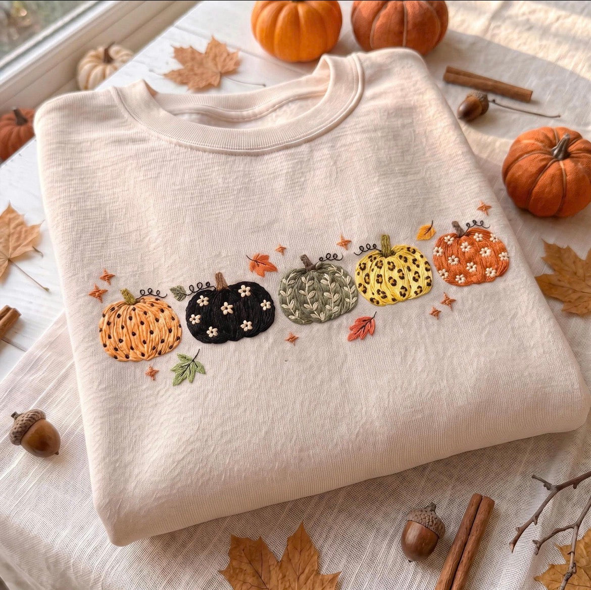Boho Fall Pumpkins Embroidered Sweatshirt