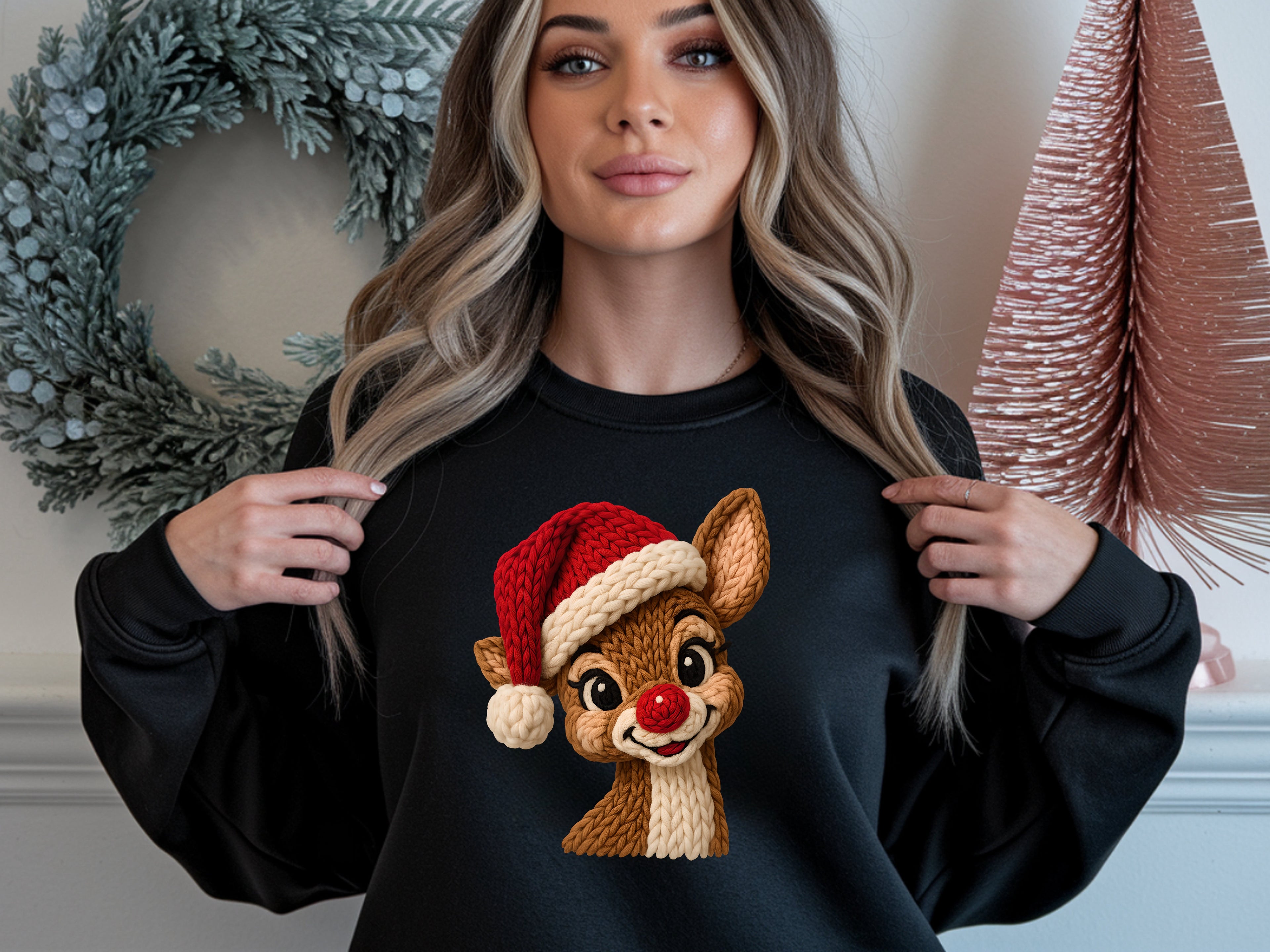 Retro Faux Knit Santa Reindeer Sweatshirt