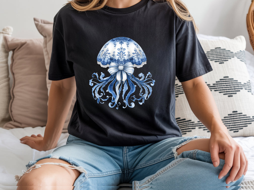 Blue Floral Jellyfish T-Shirt - Ocean-Inspired Graphic Tee