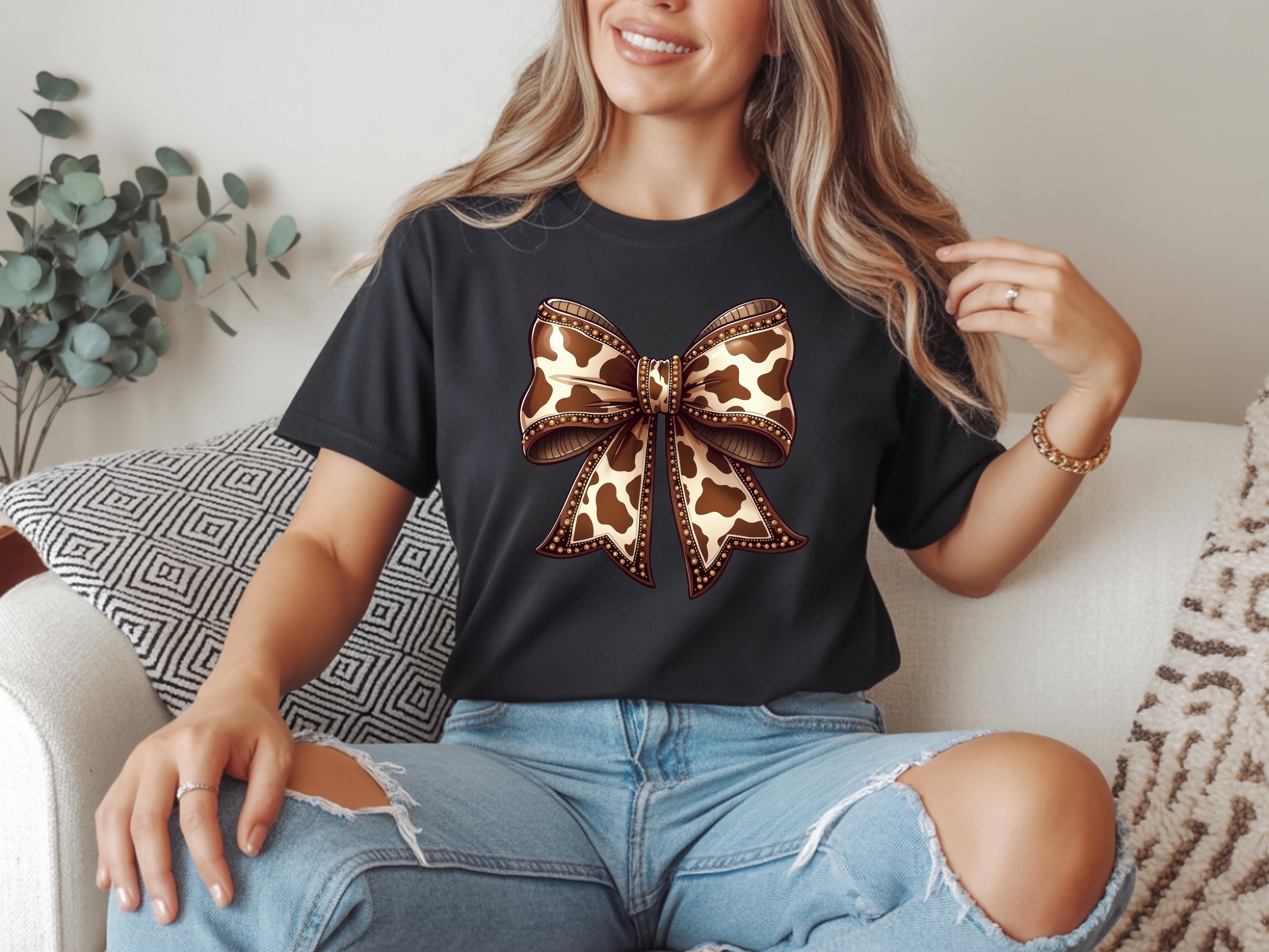 Brown Cow Print Cow-Bow T-Shirt