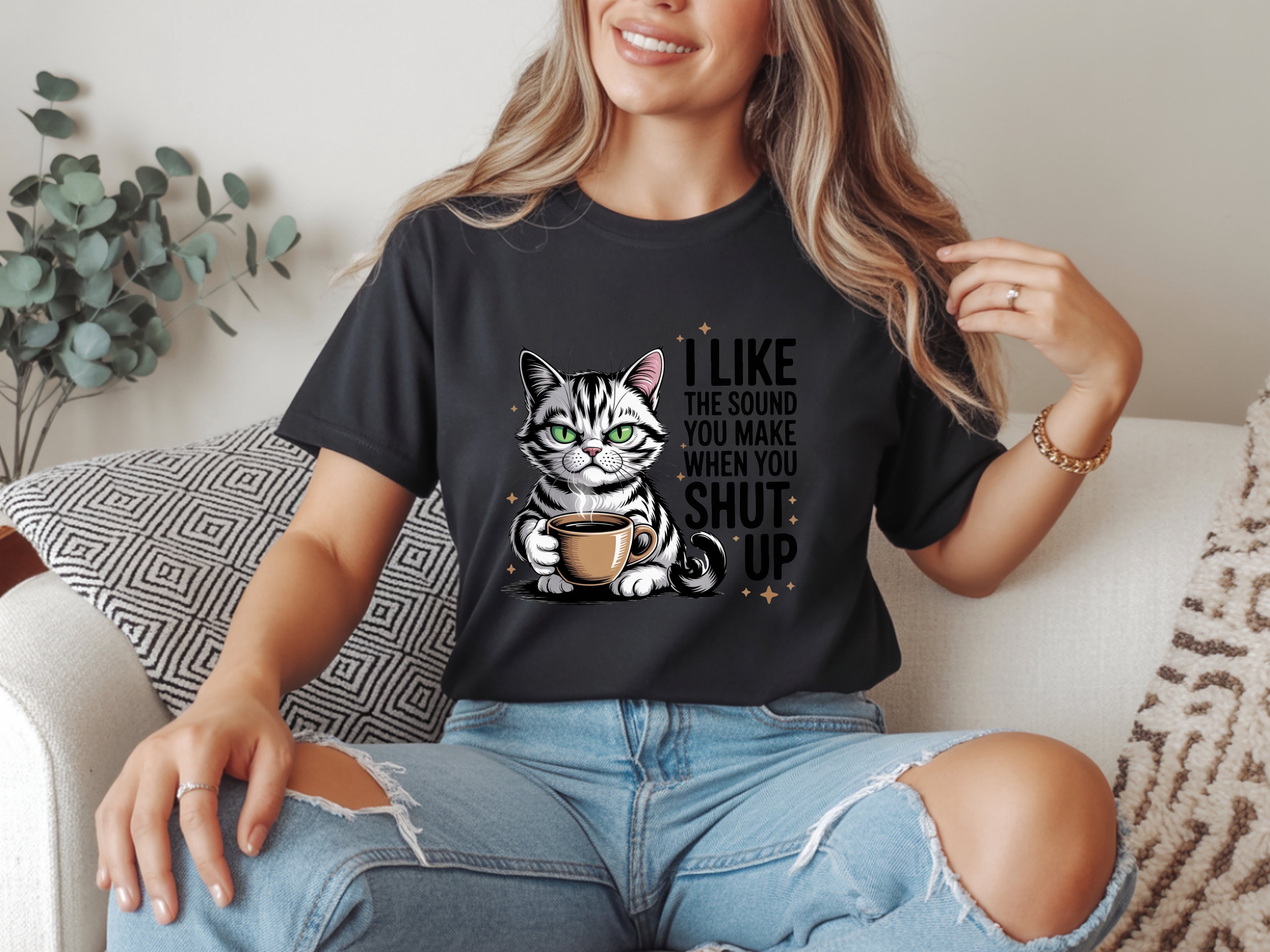 Sassy Coffee Cat "Shut Up" T-Shirt