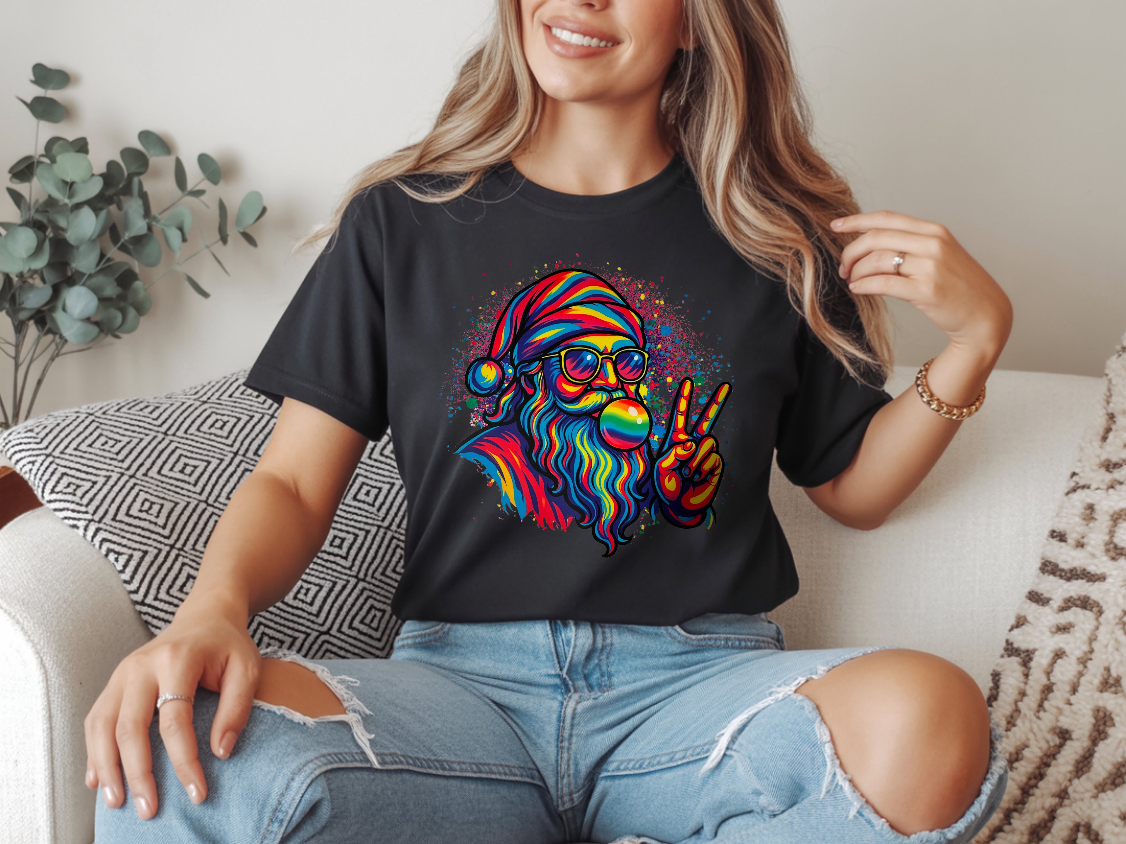 Colorful Peace Bubble Gum Santa T-Shirt