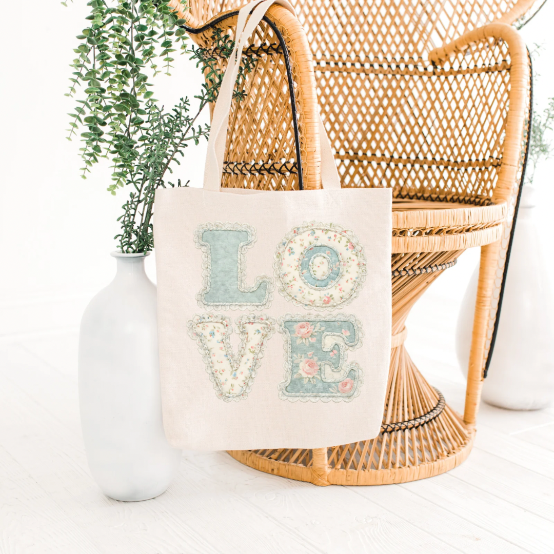 Vintage Charm: Pastel Floral & Lace "LOVE" Eco-Friendly Canvas Tote