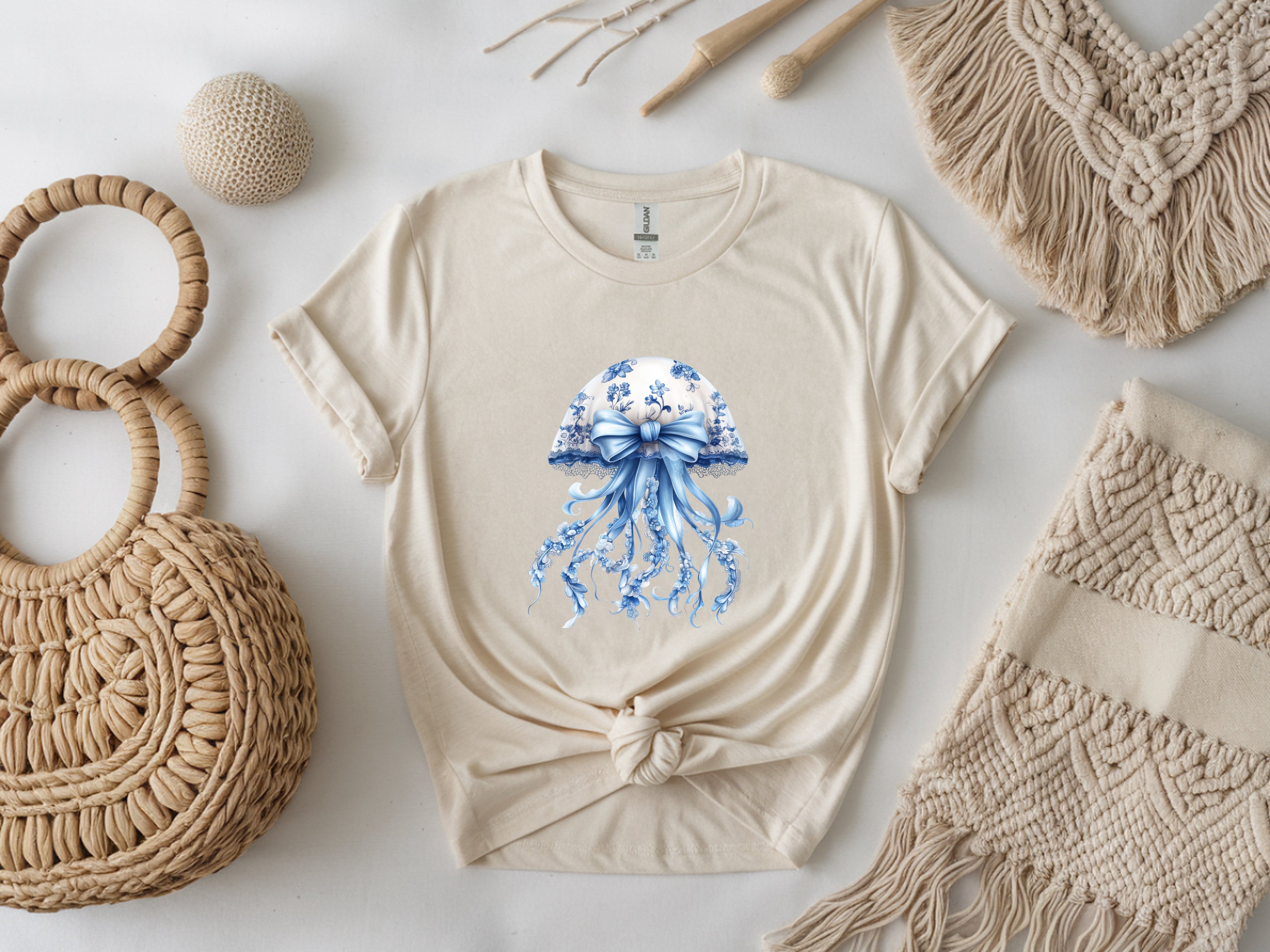 Blue & White Lacey Jellyfish T-Shirt – Delicate Ocean Design Tee