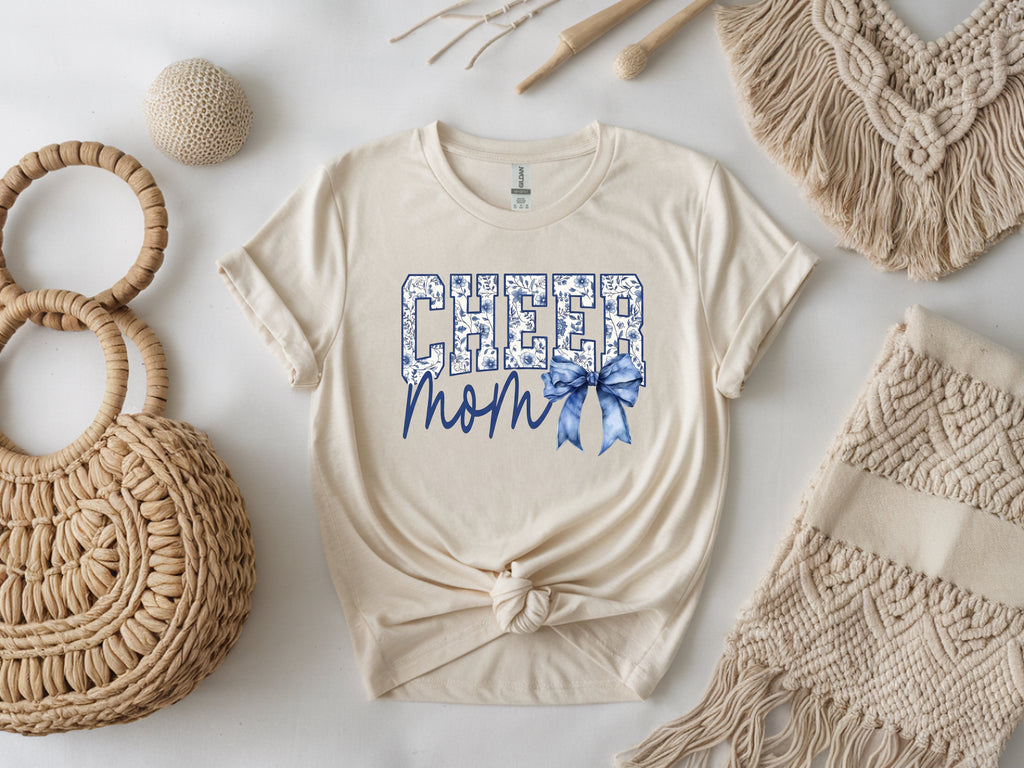 Cheer Mom T-Shirt – Blue & White Whimsical Print with Bow