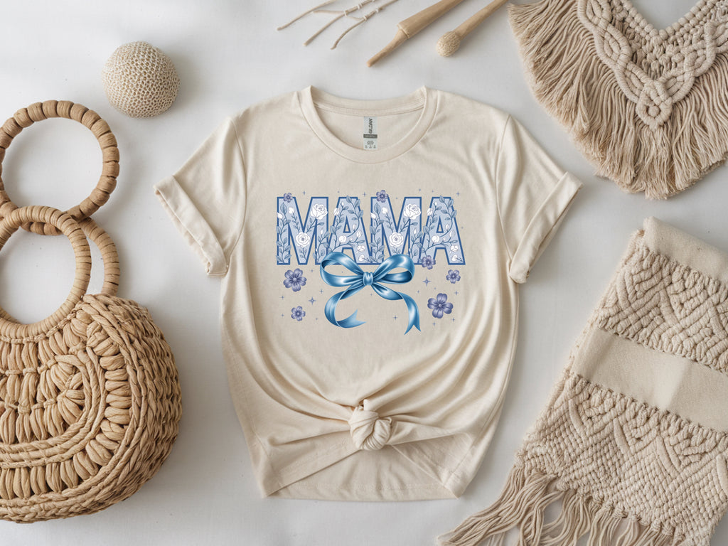 Floral Feminine Mama T-Shirt – Blue, White & Bow Design