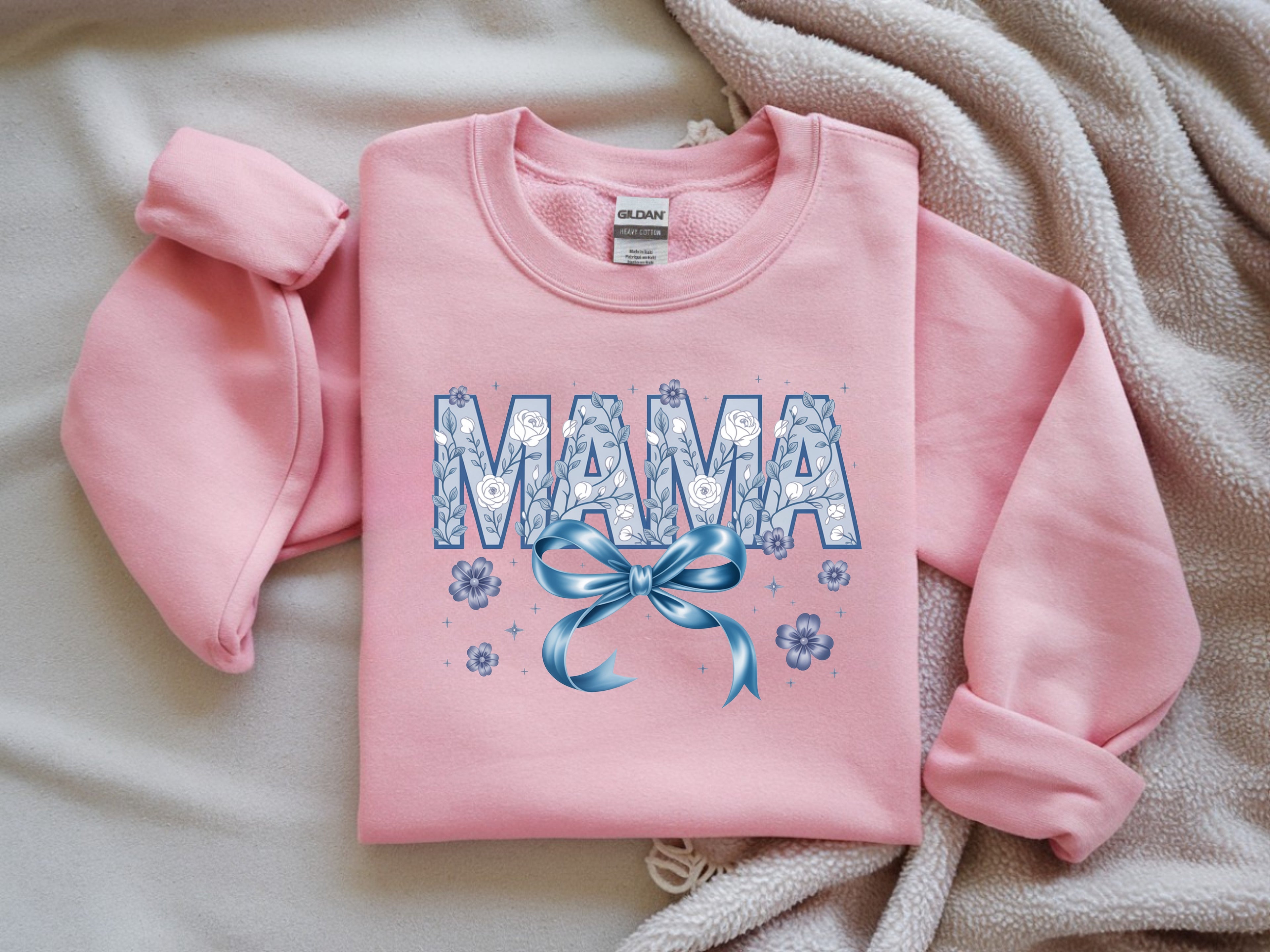 Mama Blue Floral Faux Appliqué with Blue Bow Sweatshirt - Stylish Mom Apparel