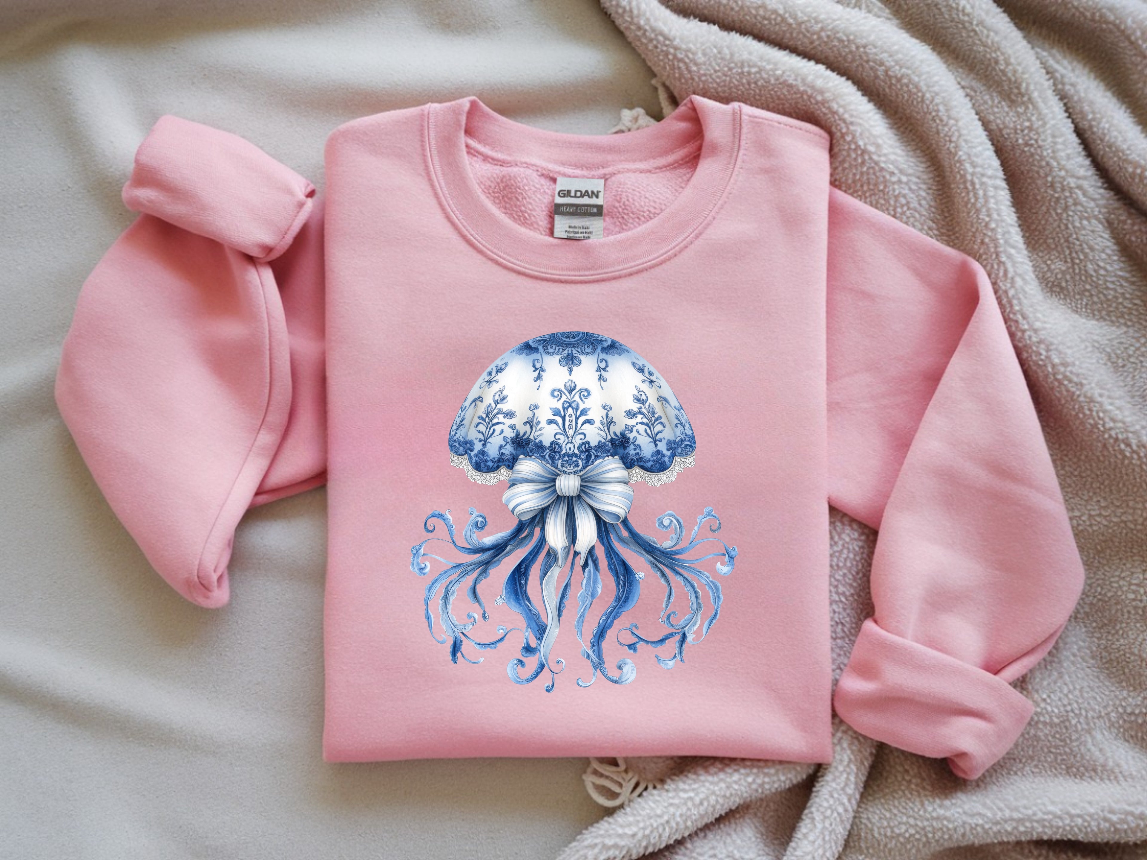 Blue and White Delicate Floral Jellyfish Sweatshirt - Ocean-Inspired Apparel