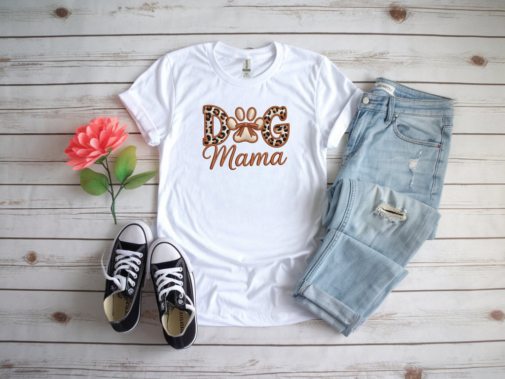Dog Mom Faux Embroidered Paw Print T-Shirt – Proud Dog Mama Tee