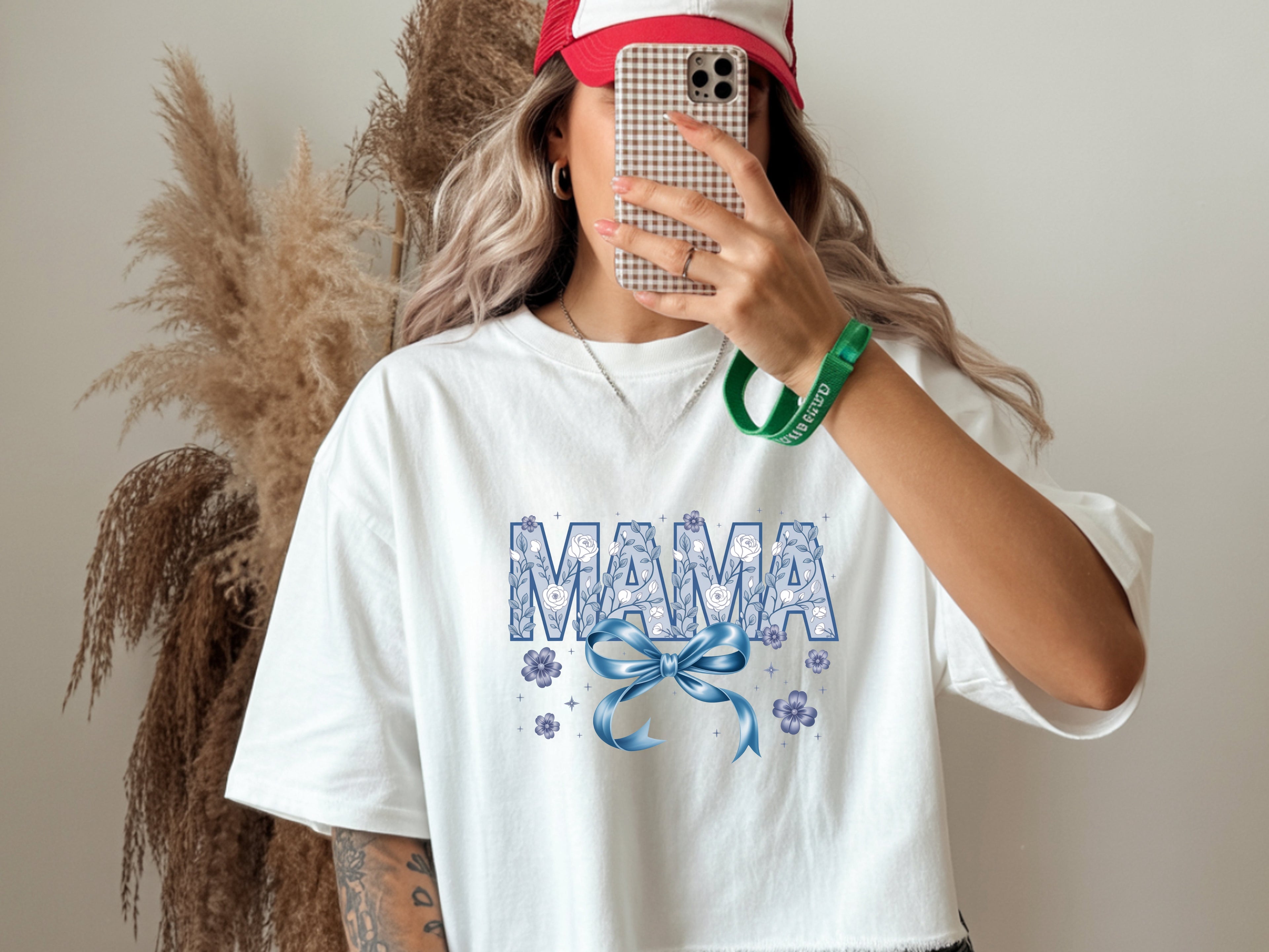 Floral Feminine Mama T-Shirt – Blue, White & Bow Design
