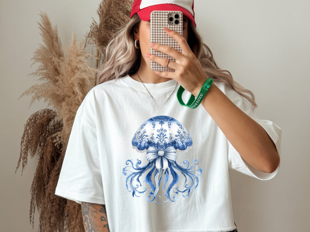 Blue Floral Jellyfish T-Shirt - Ocean-Inspired Graphic Tee