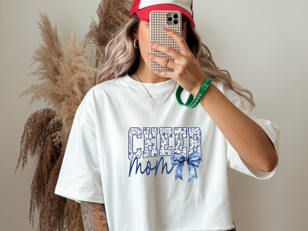 Cheer Mom T-Shirt – Blue & White Whimsical Print with Bow