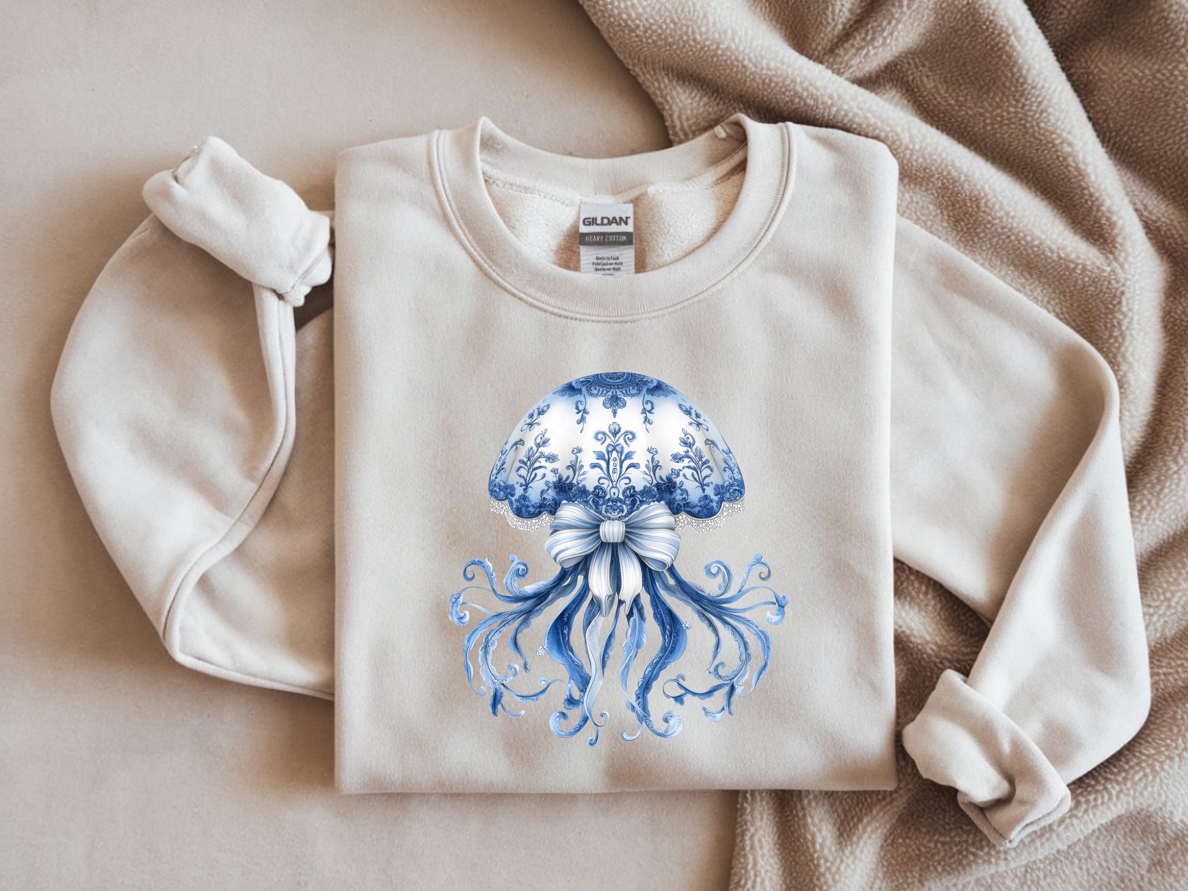 Blue and White Delicate Floral Jellyfish Sweatshirt - Ocean-Inspired Apparel