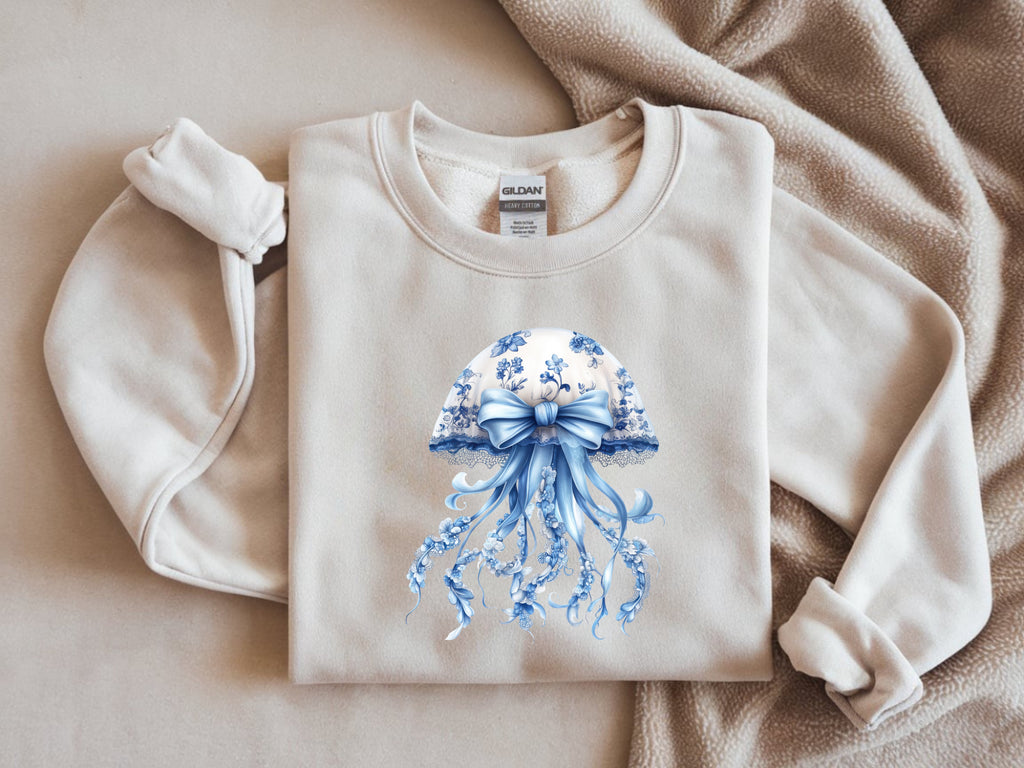 Blue and White Floral Jellyfish Sweatshirt - Whimsical Ocean Graphic
