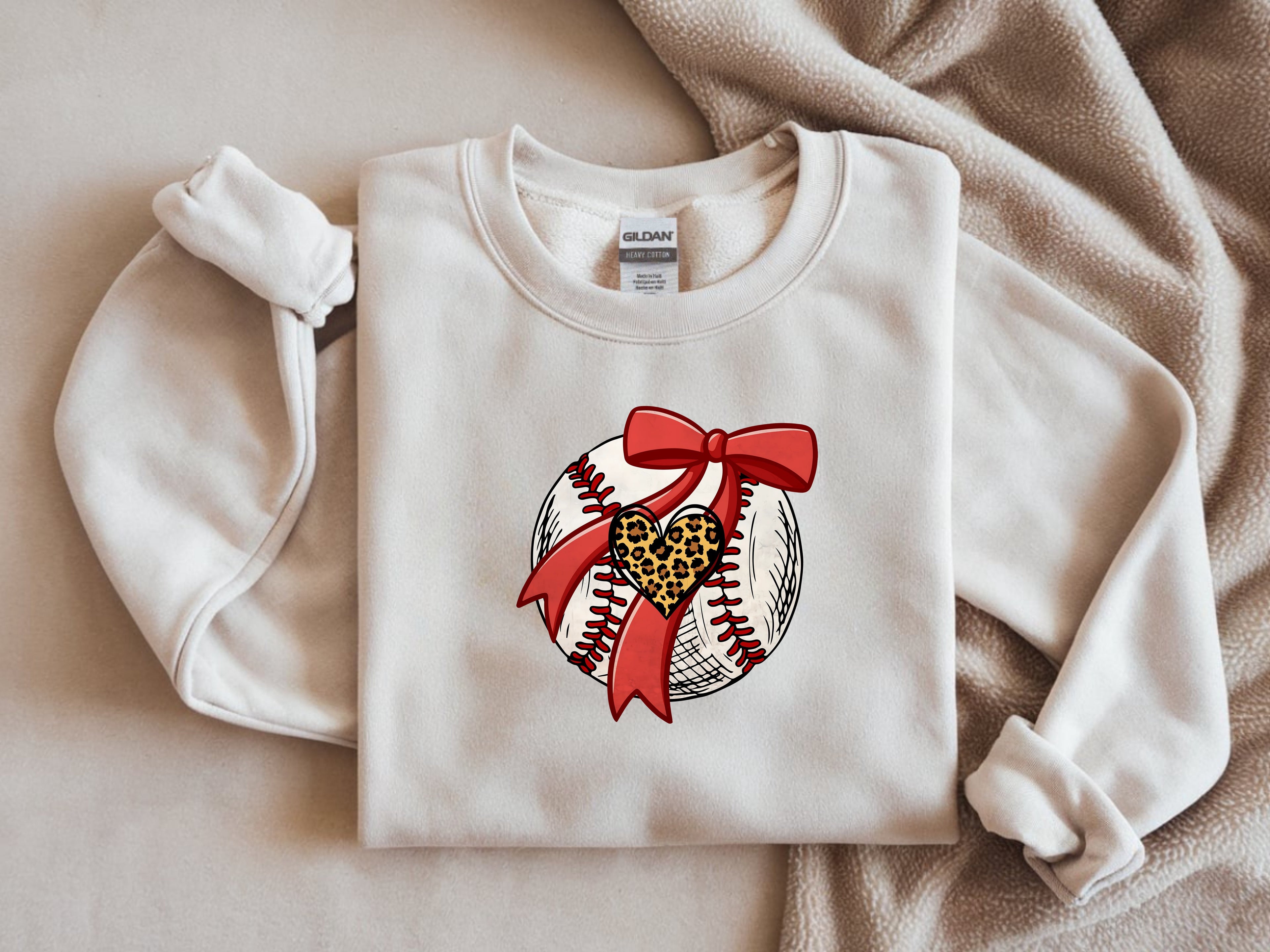 Baseball with Animal Print Heart and Red Bow Sweatshirt - Sports Mom Apparel