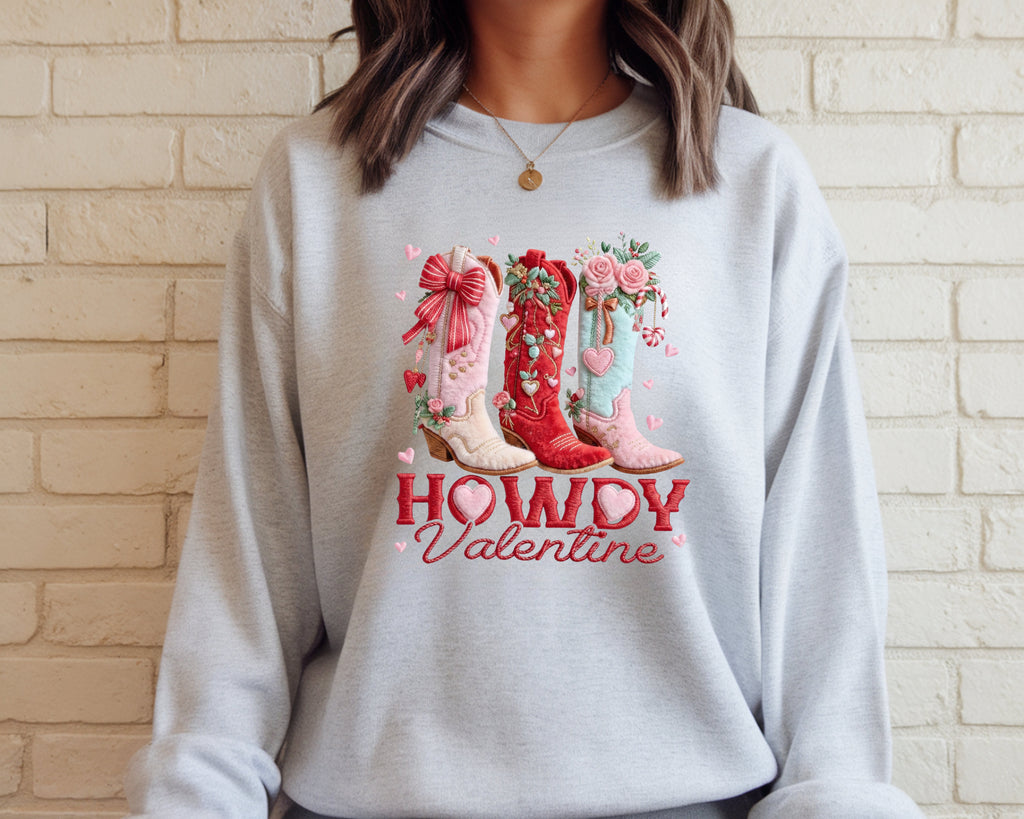 Howdy Valentine Faux Embroidery Boots Sweatshirt