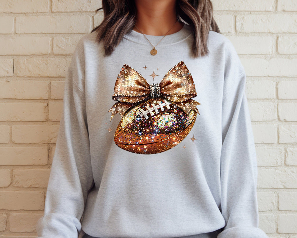 Sparkle & Spike: Gold Glitter Football Bow Sweatshirt