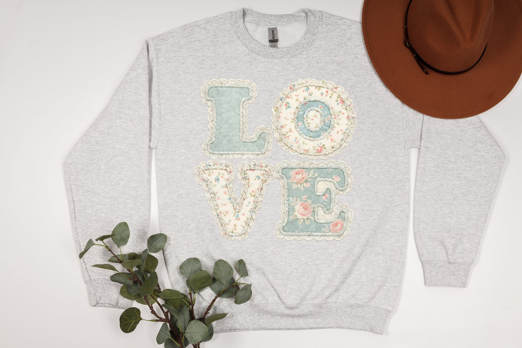 Vintage Charm: Pastel Floral & Lace "LOVE" Sweatshirt