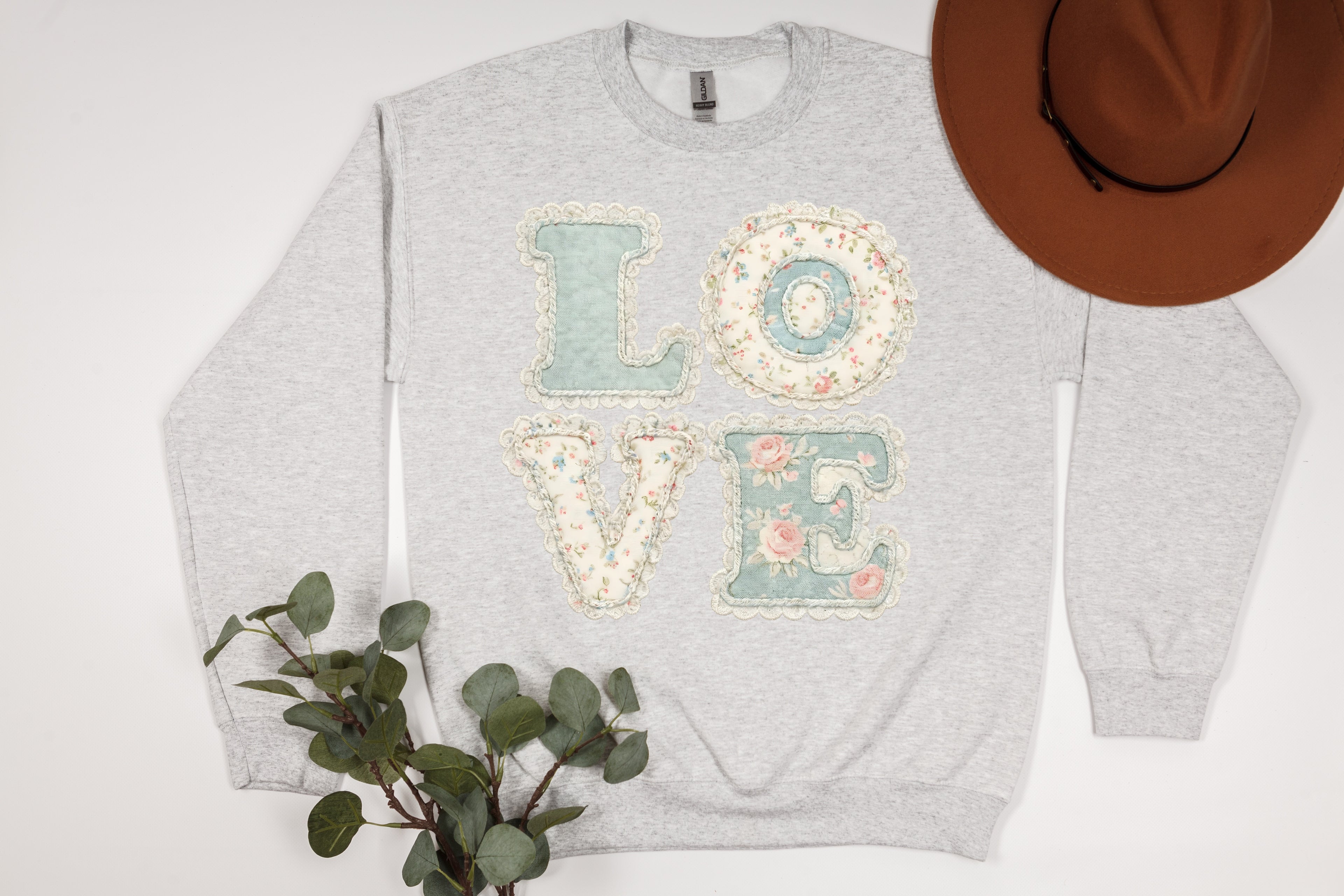 Vintage Charm: Pastel Floral & Lace "LOVE" Sweatshirt
