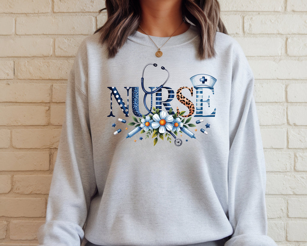 Floral Nurse Stethoscope & Leopard Print Sweatshirt