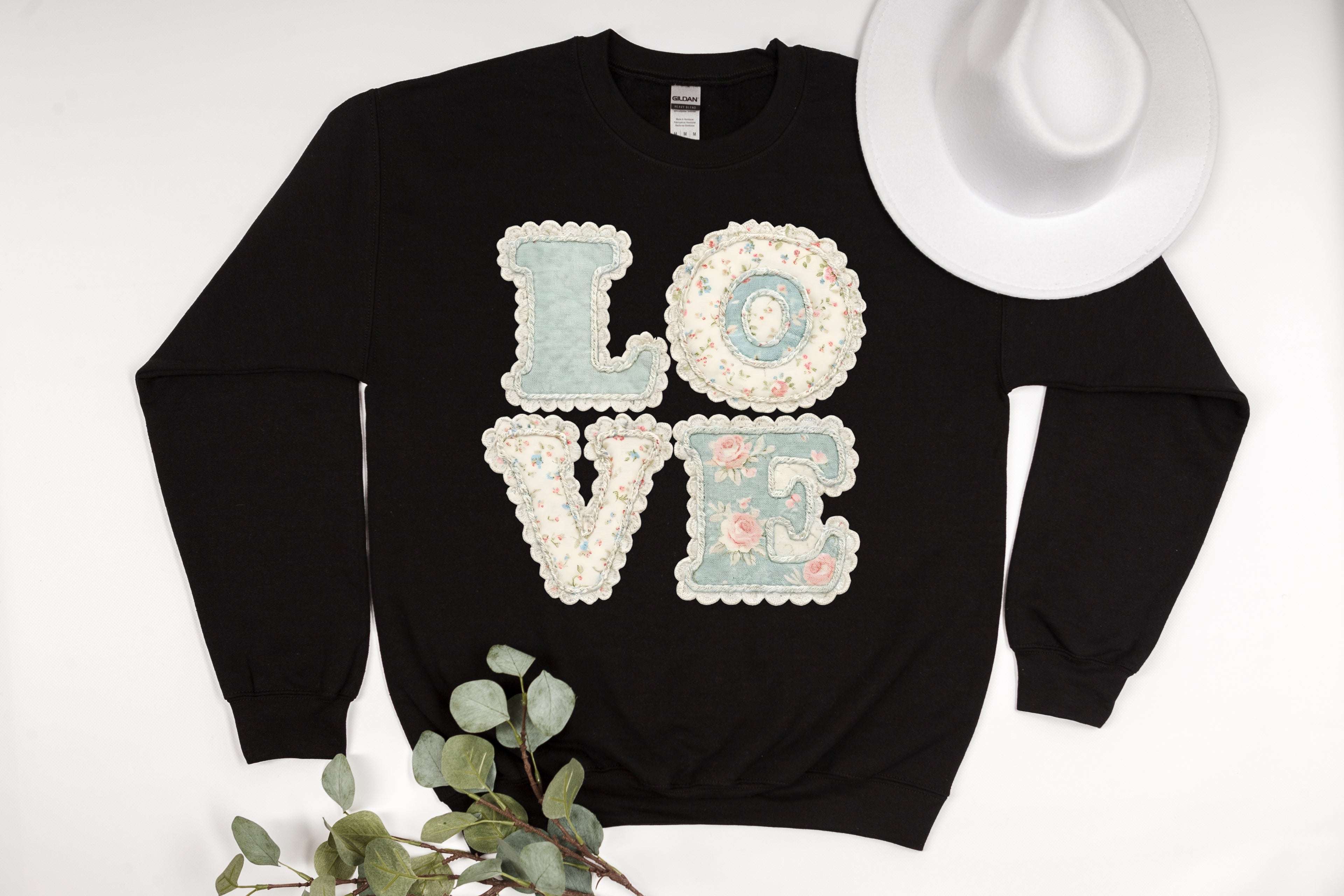 Vintage Charm: Pastel Floral & Lace "LOVE" Sweatshirt