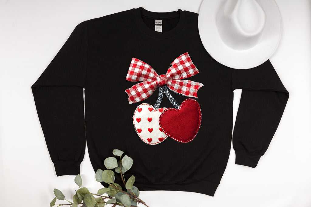 Sweetest Pick: Gingham Bow & Fabric Heart Cherries Sweatshirt