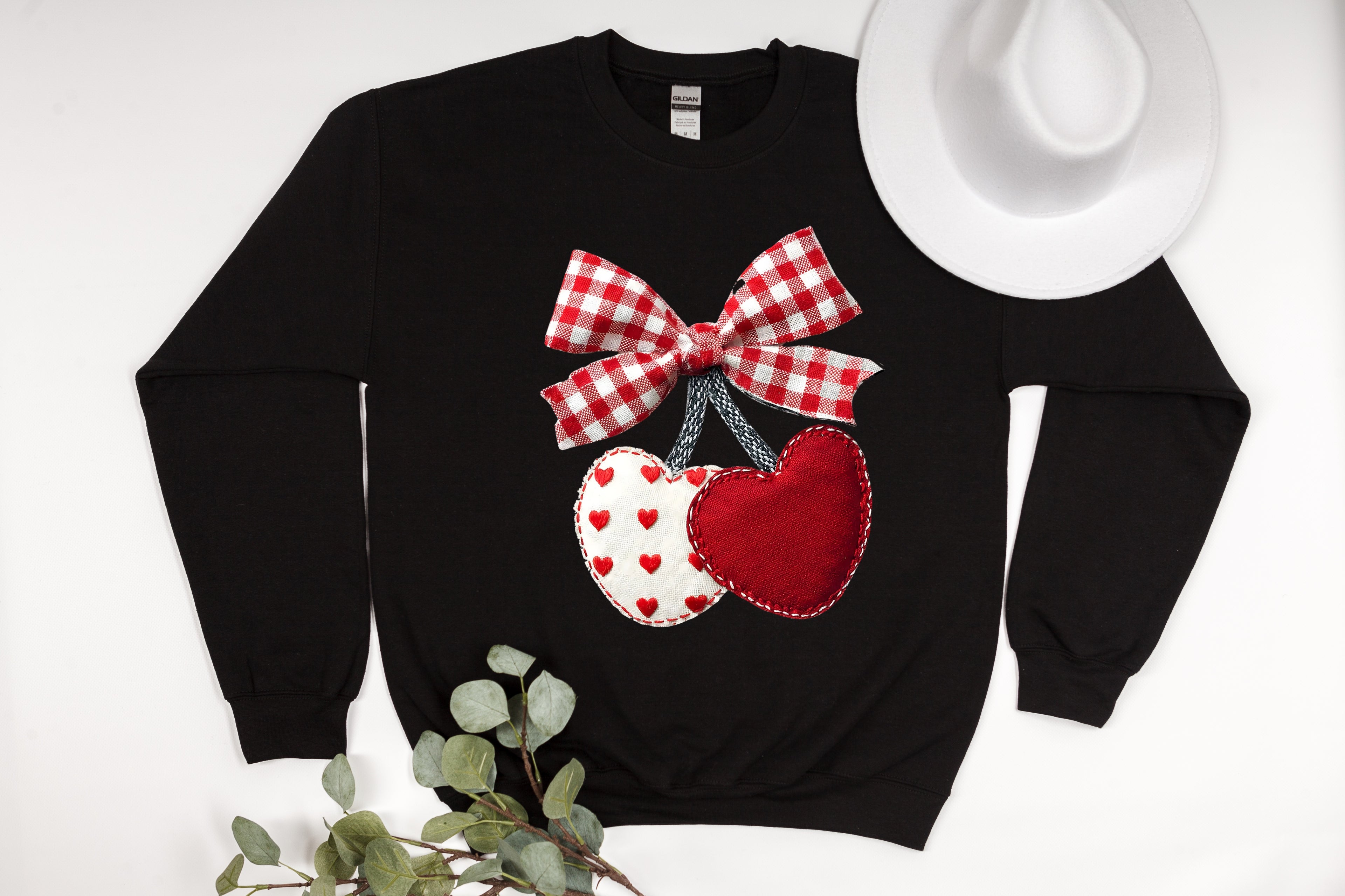 Sweetest Pick: Gingham Bow & Fabric Heart Cherries Sweatshirt