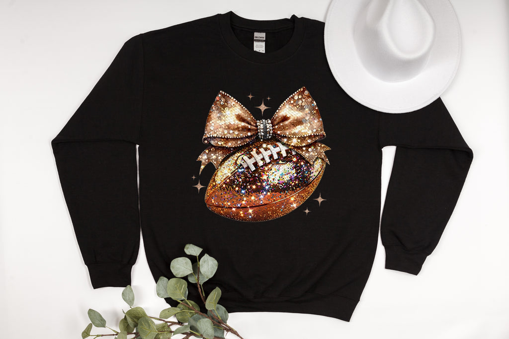 Sparkle & Spike: Gold Glitter Football Bow Sweatshirt