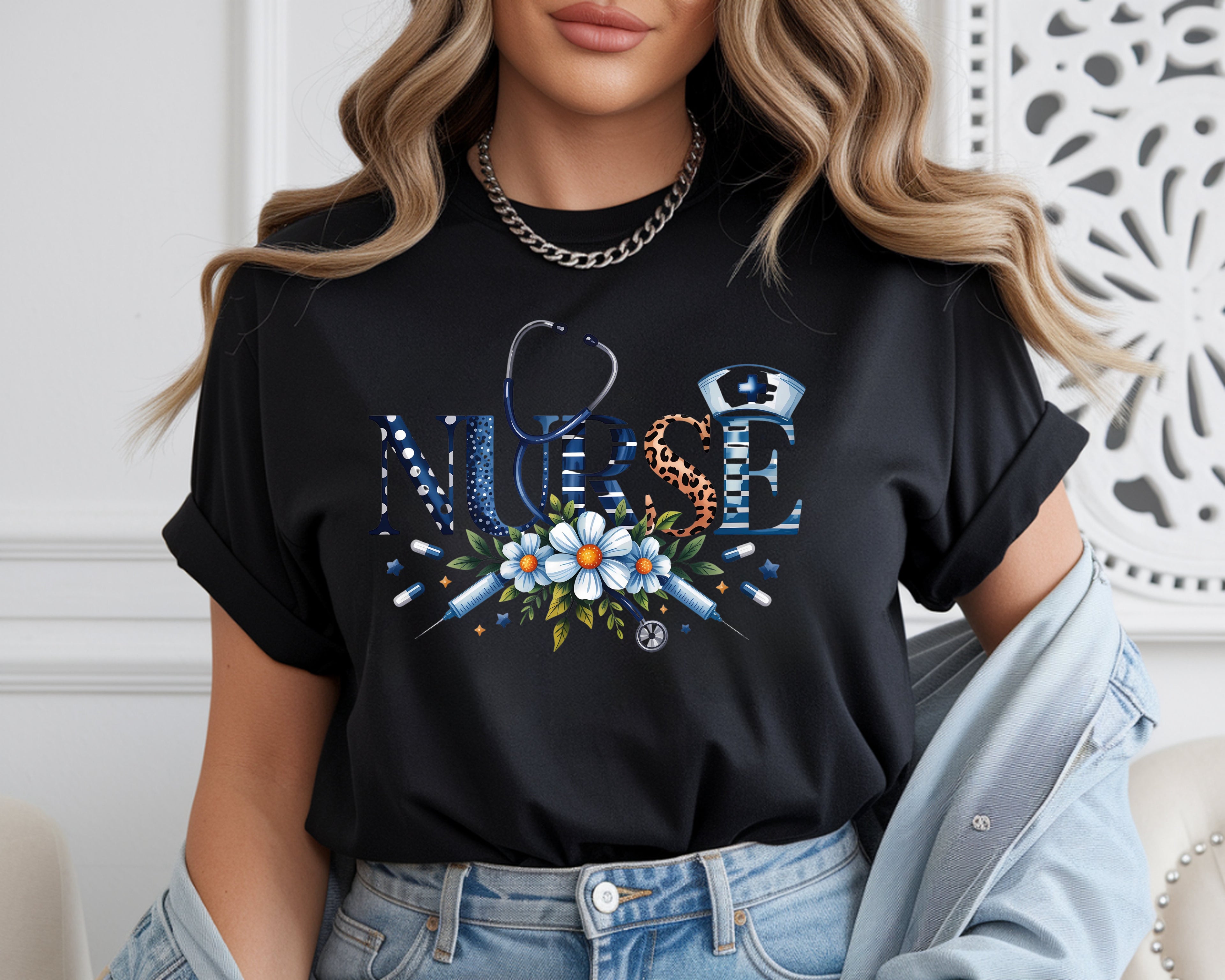 Floral Nurse Stethoscope & Leopard Print T-Shirt
