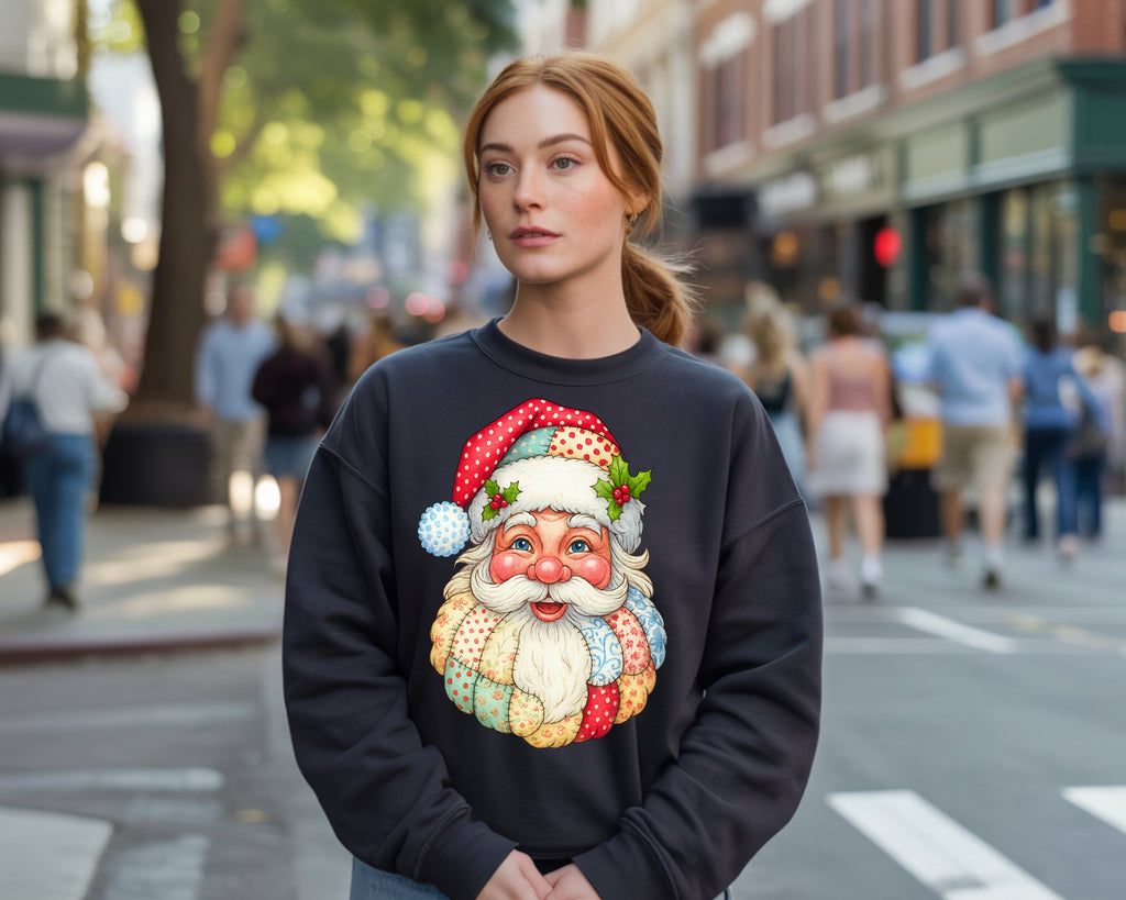 Patchwork Santa Sweatshirt Cozy Quilted Christmas Design