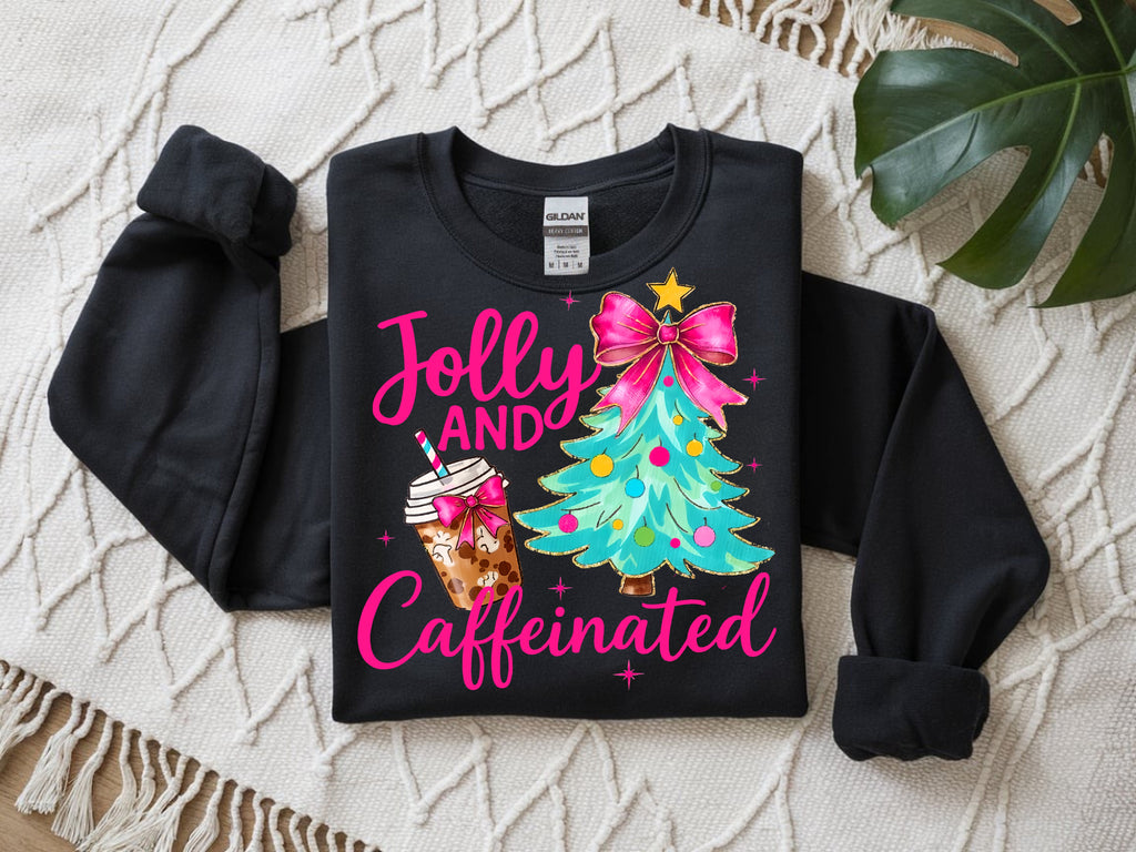 Jolly & Caffeinated Pink Christmas Holiday Coffee & Boba Sweatshirt