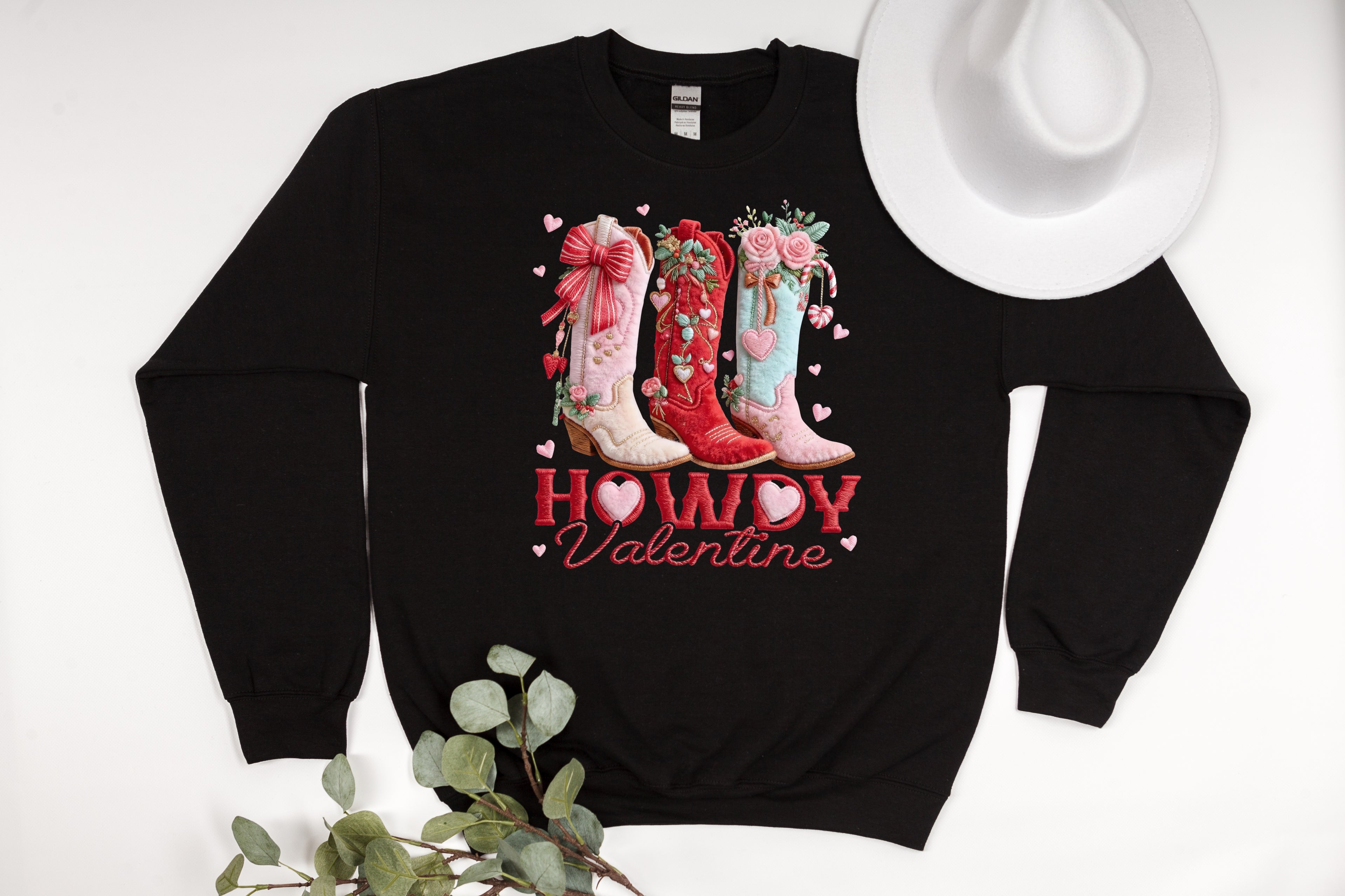 Howdy Valentine Faux Embroidery Boots Sweatshirt