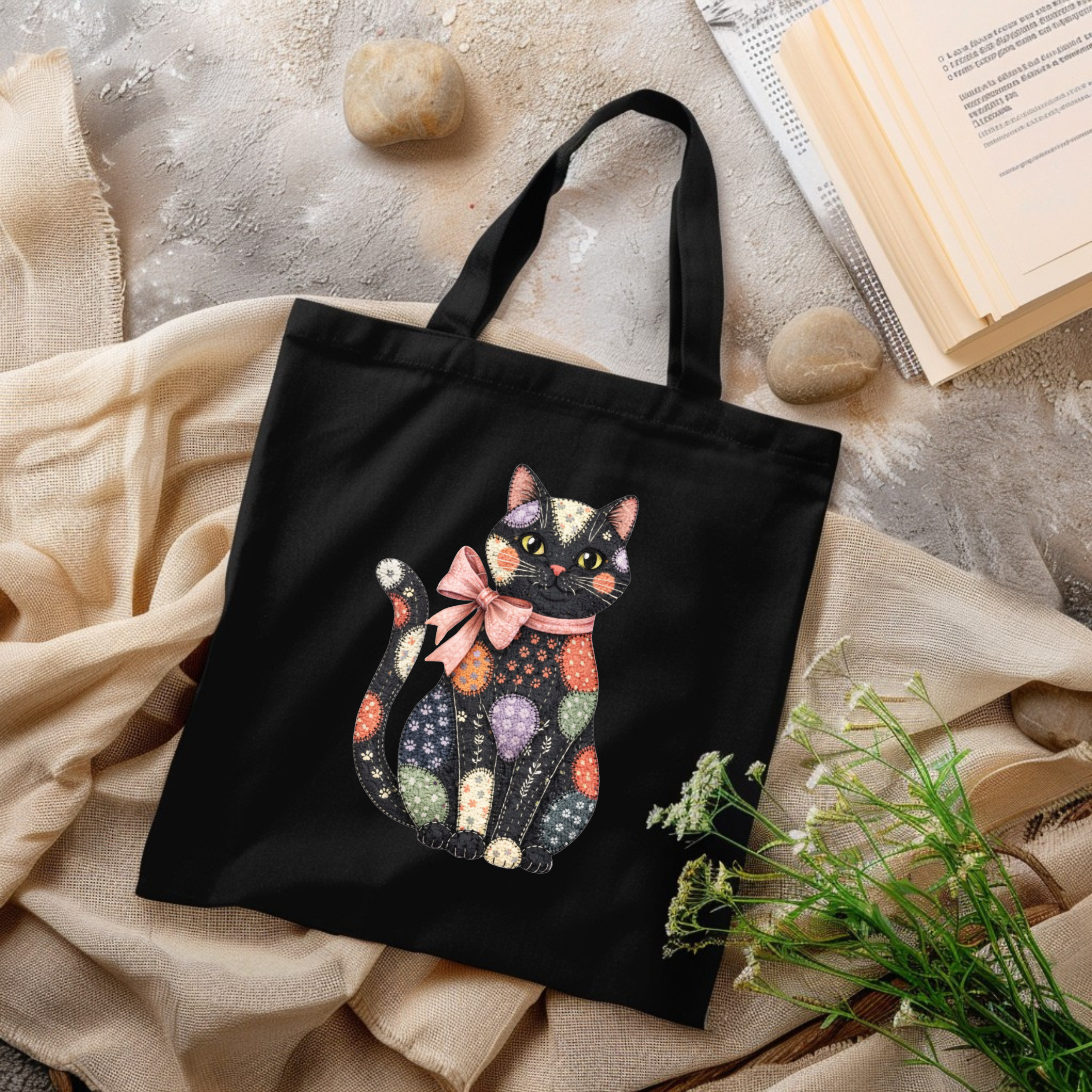 Faux Patchwork Cat Canvas Tote