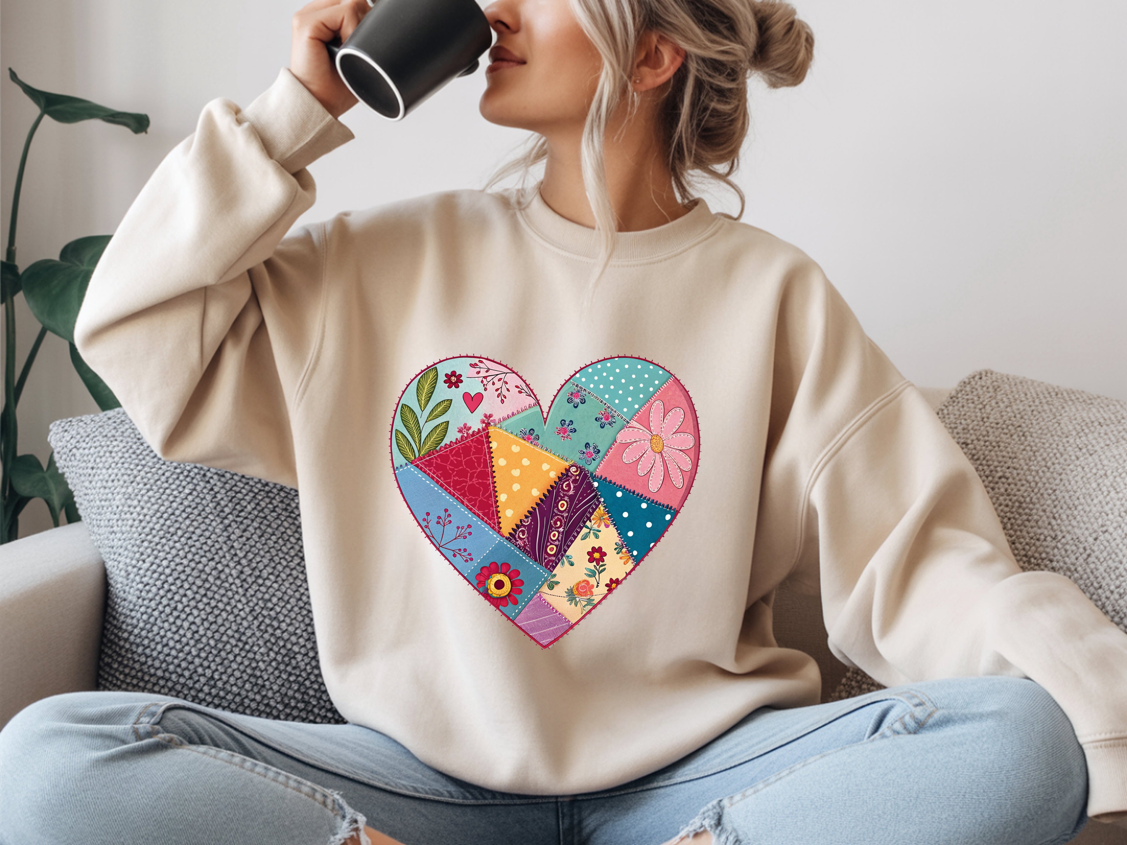 Faux Patchwork Heart Sweatshirt