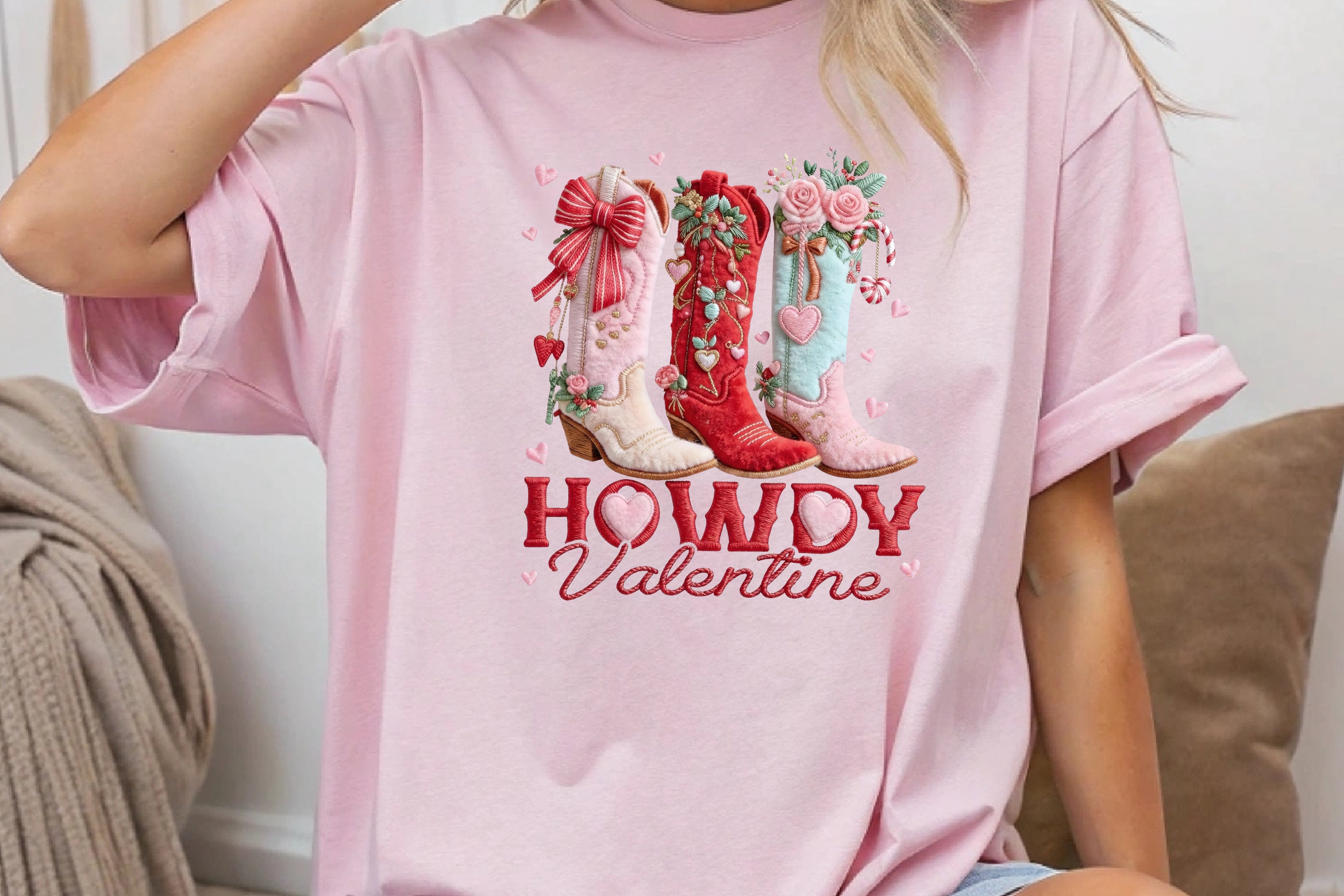 Howdy Valentine Faux Embroidery Boots T-Shirt
