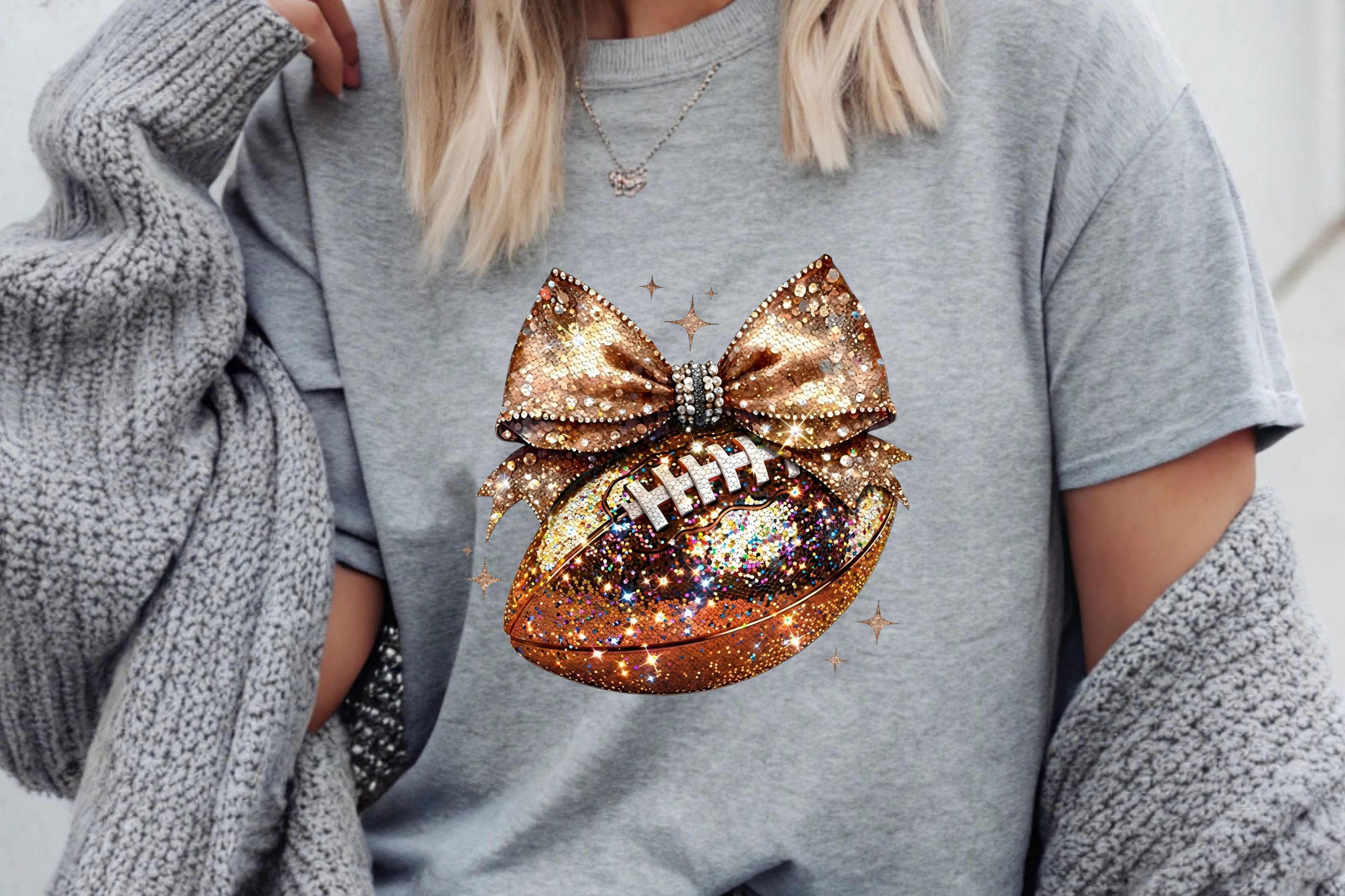 Sparkle & Spike: Gold Glitter Football Bow T-Shirt