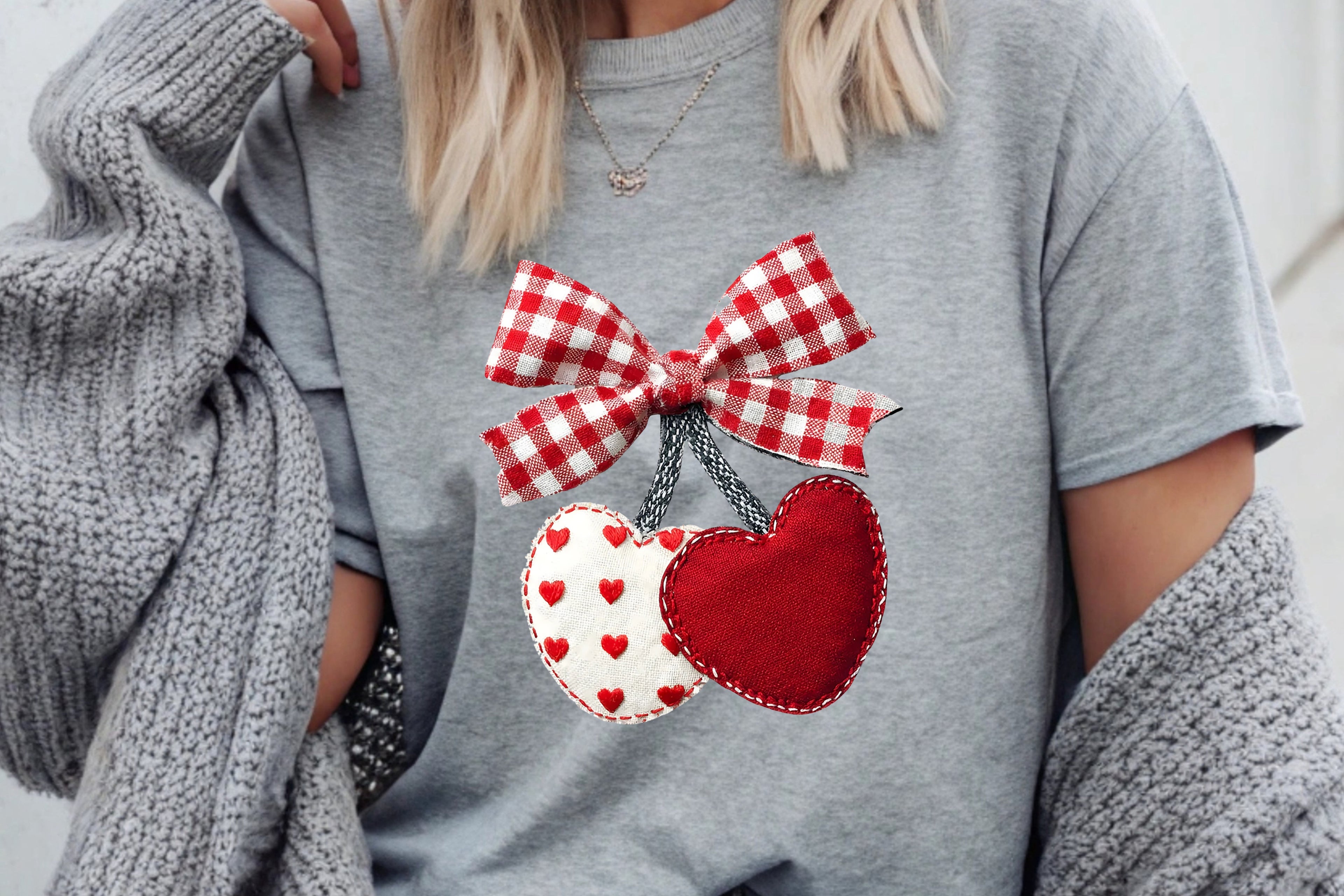 Sweetest Pick: Gingham Bow & Fabric Heart Cherries T-Shirt