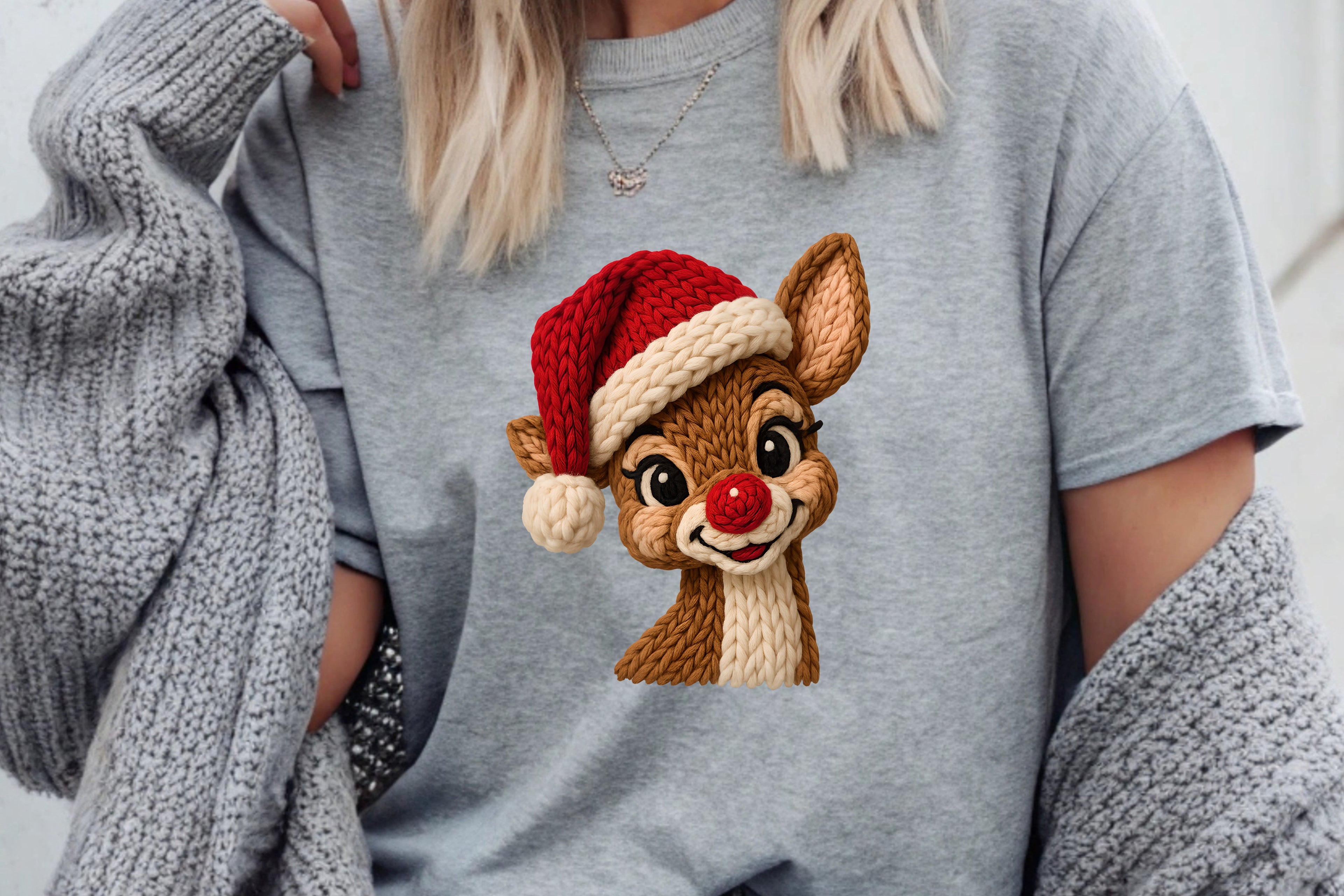 Retro Faux Knit Santa Reindeer - T-Shirt
