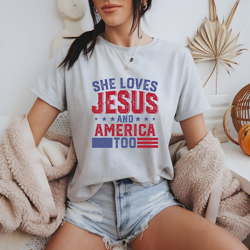Show Off Your Faith & Patriotism: She Loves Jesus and America Too T-Shirt