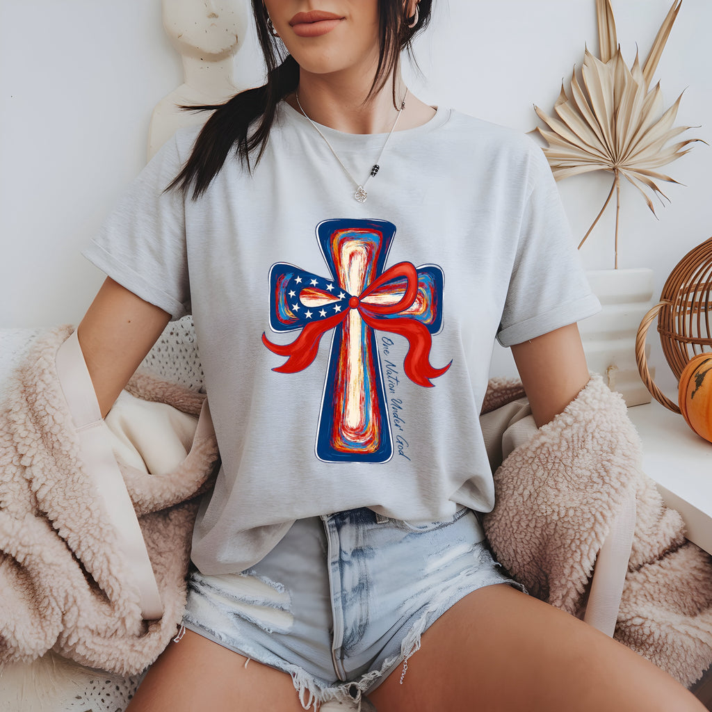 One Nation Under God | Painted Cross & Ribbon T-Shirt