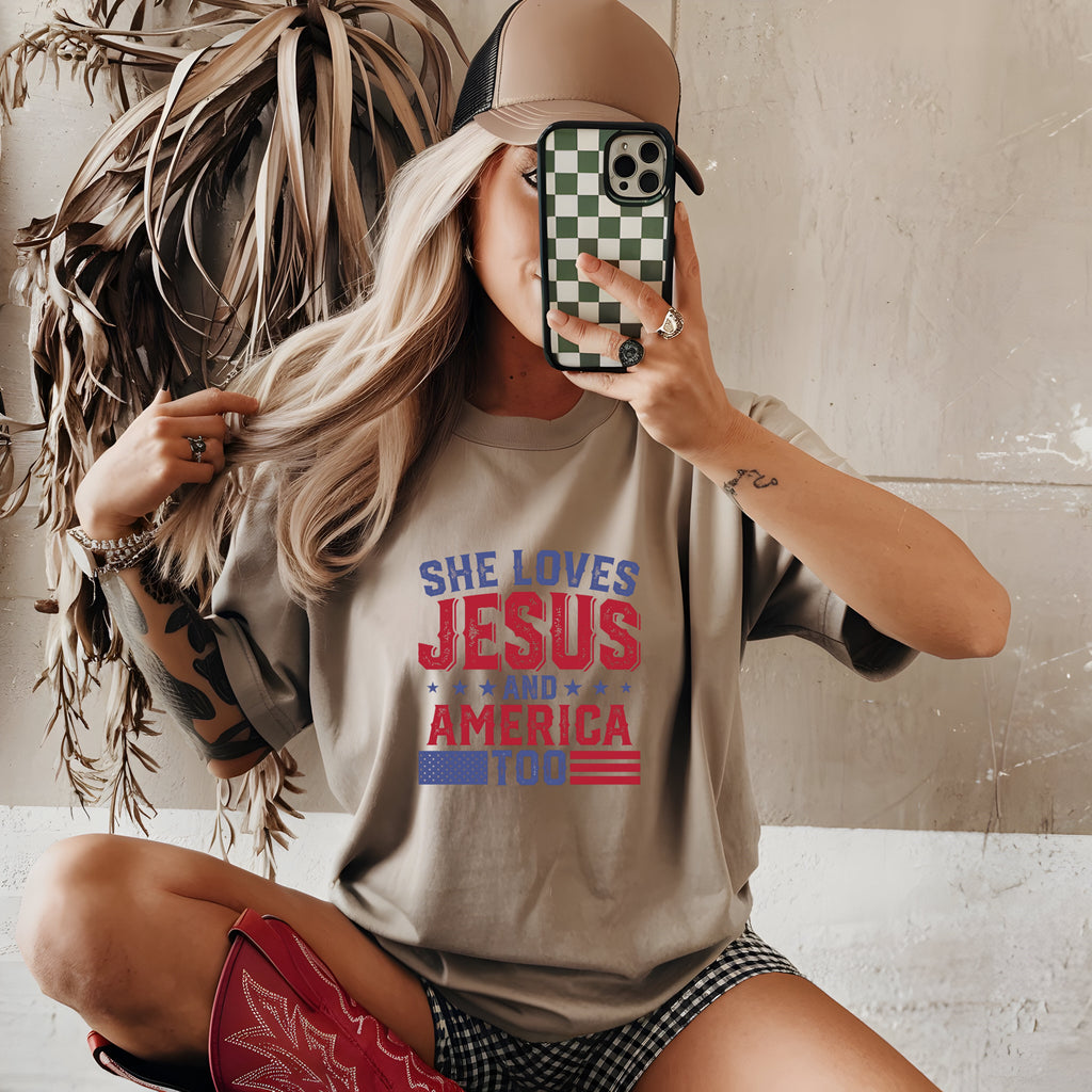 Show Off Your Faith & Patriotism: She Loves Jesus and America Too T-Shirt