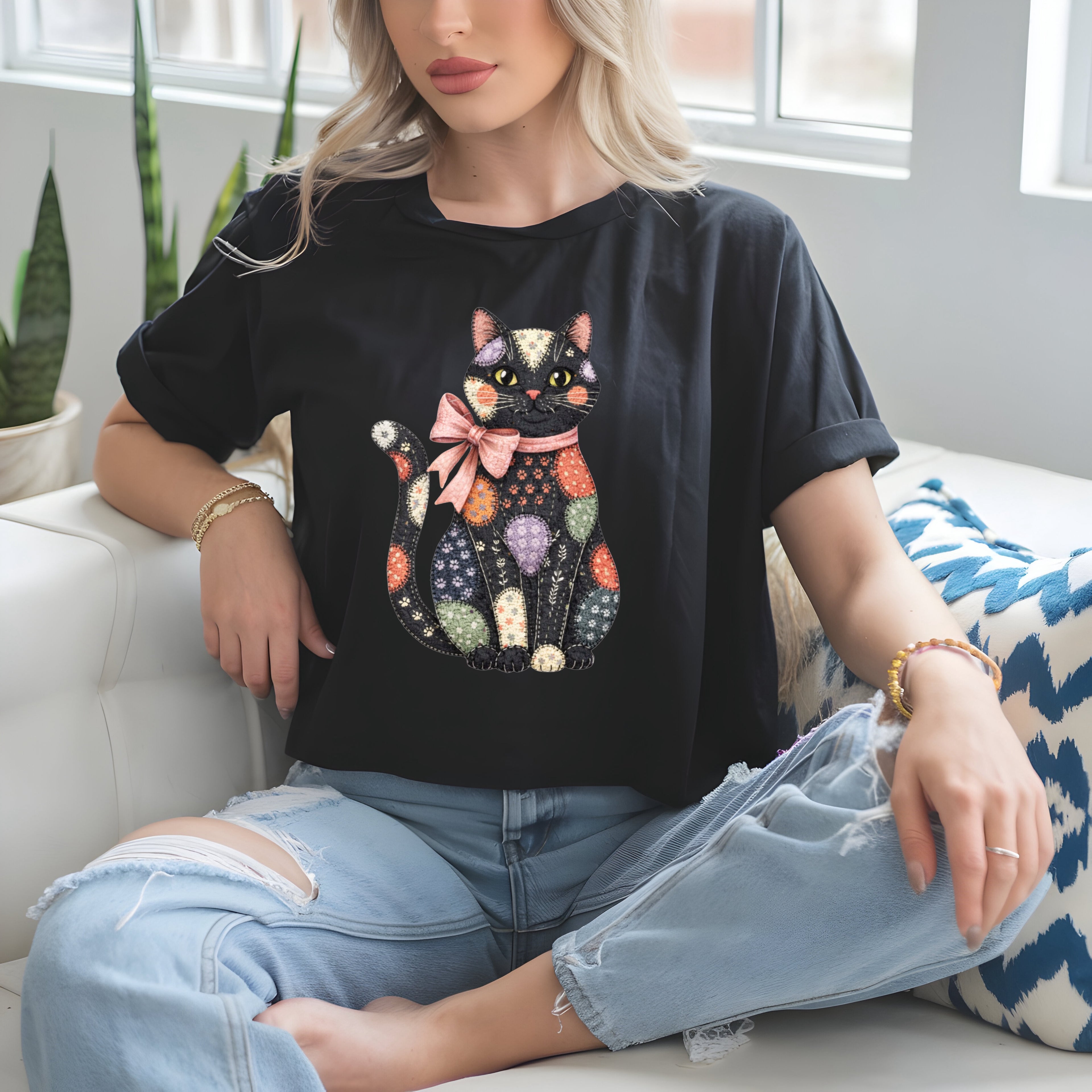 Faux Patchwork Cat T-Shirt