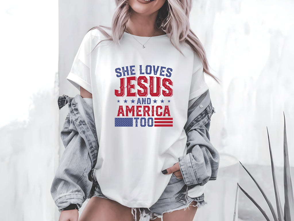 Show Off Your Faith & Patriotism: She Loves Jesus and America Too T-Shirt