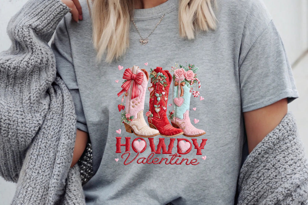 Howdy Valentine Faux Embroidery Boots T-Shirt
