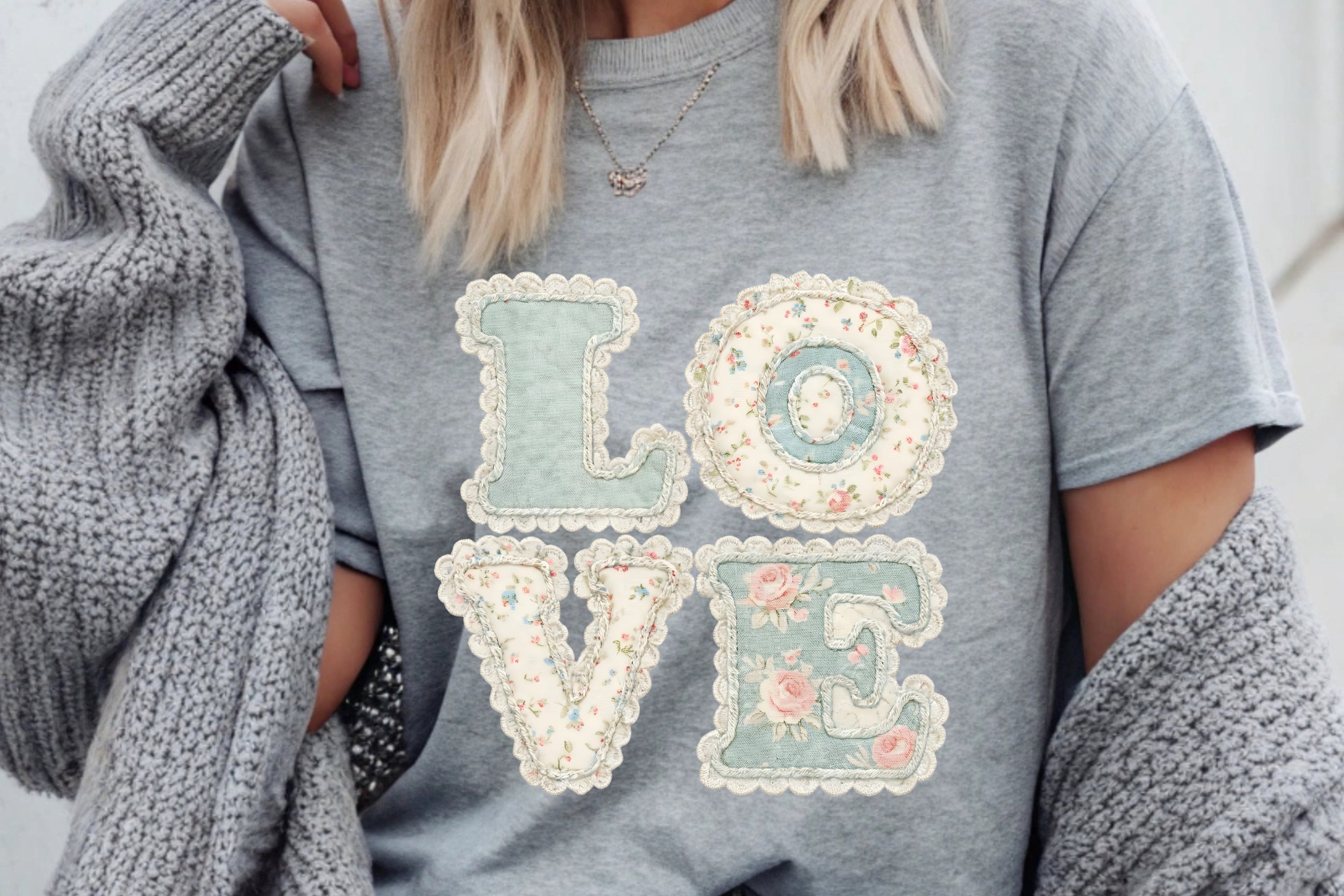 Vintage Charm: Pastel Floral & Lace "LOVE" T-Shirt