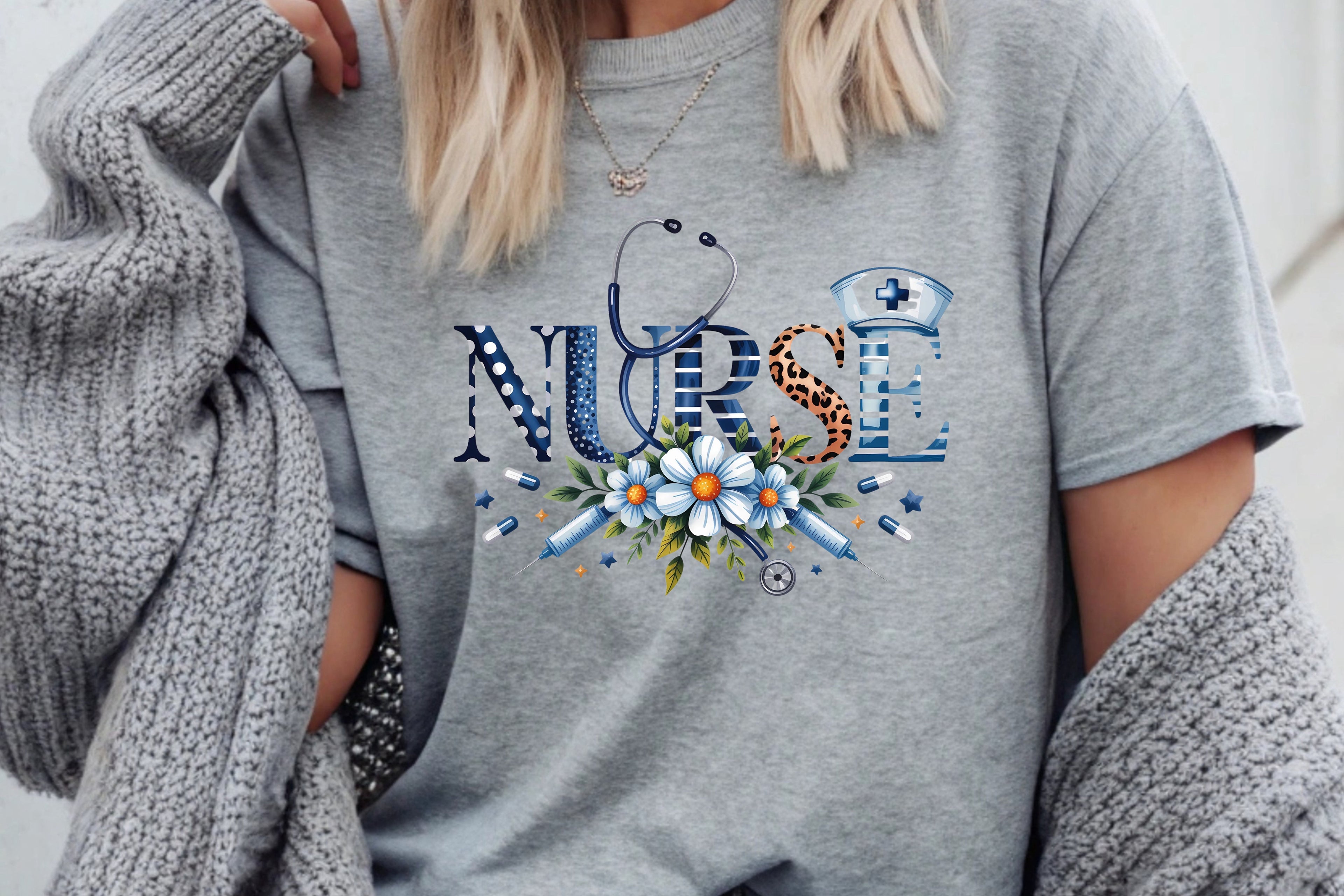 Floral Nurse Stethoscope & Leopard Print T-Shirt