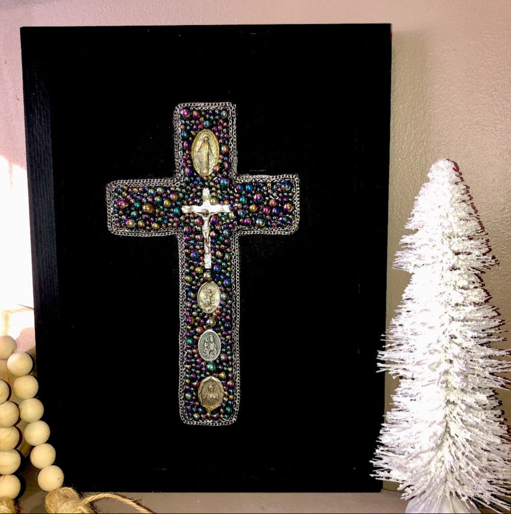 Upcycled Jeweled Cross Wall Art