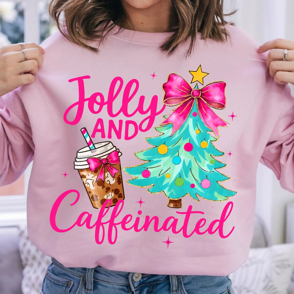 Jolly & Caffeinated Pink Christmas Holiday Coffee & Boba Sweatshirt