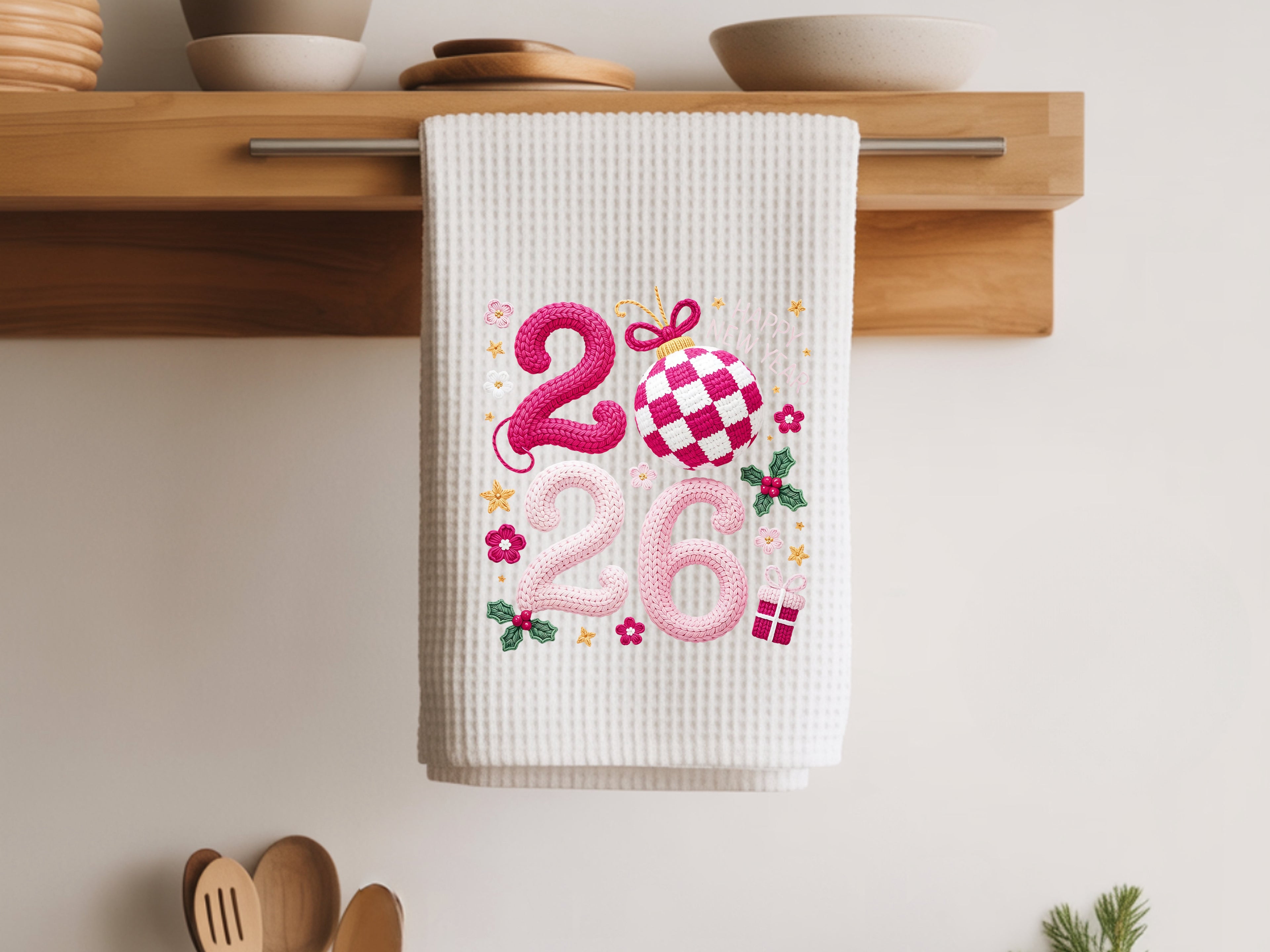 2026 Faux Yarn New Years Kitchen Towel