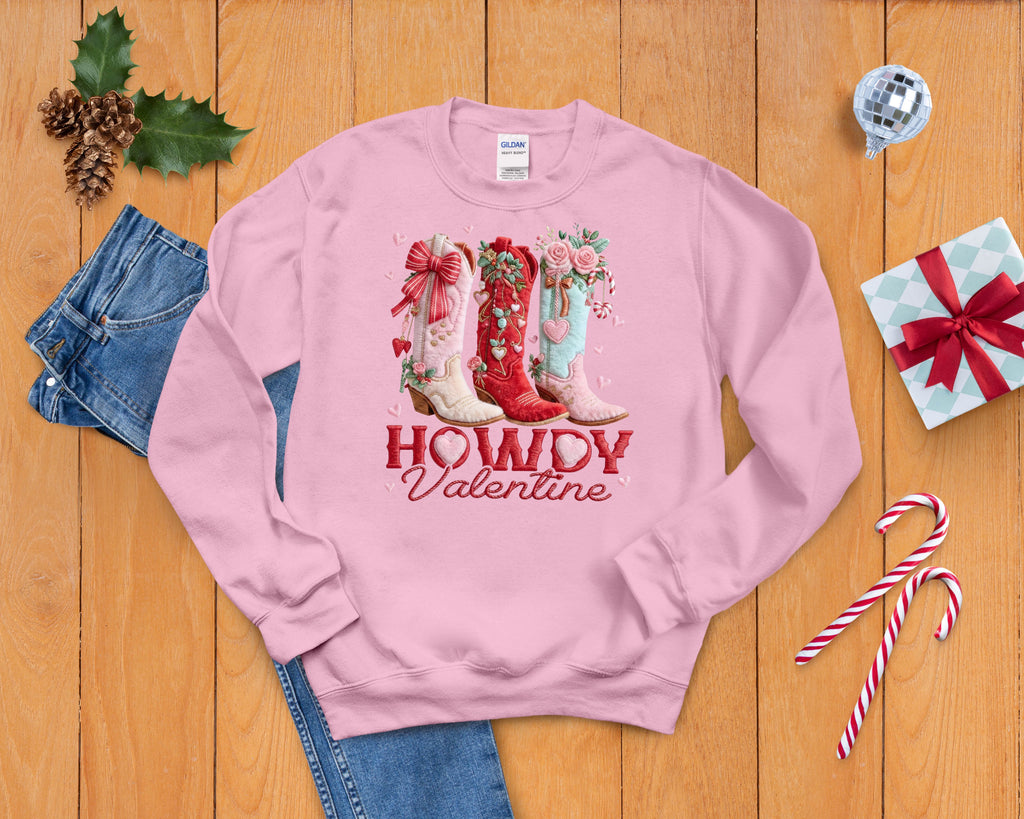 Howdy Valentine Faux Embroidery Boots Sweatshirt